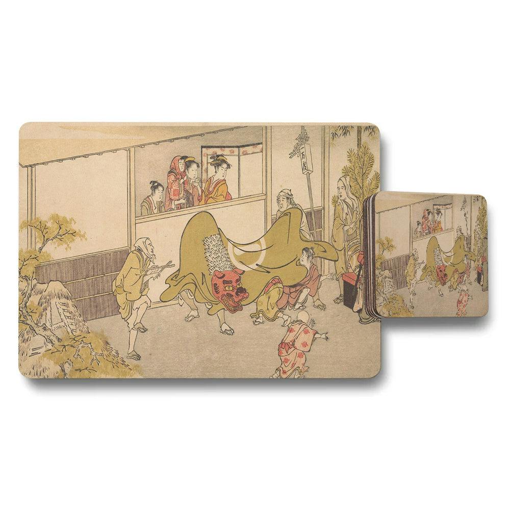 Benjamin Tate Design Yellow/Beige Asian Themed Placemat And Coaster Set With Dragon Dance Artwork