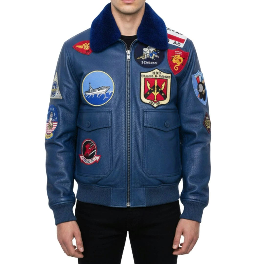 Infinity Leather Men's Blue Leather Company Cowhide Top Gun Maverick Leather Aviator Bomber Jacket - 2XL