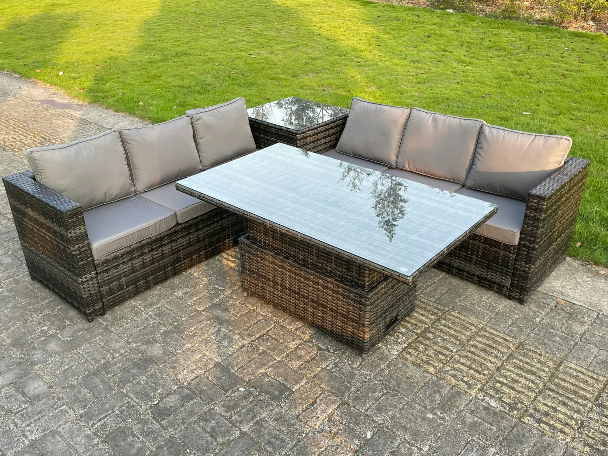 Rackhams Dark/Grey 6 Seater Pe Rattan Corner Sofa Set Rising Adjustable Dining Table Set High Side Table With Seat And Back Cushion