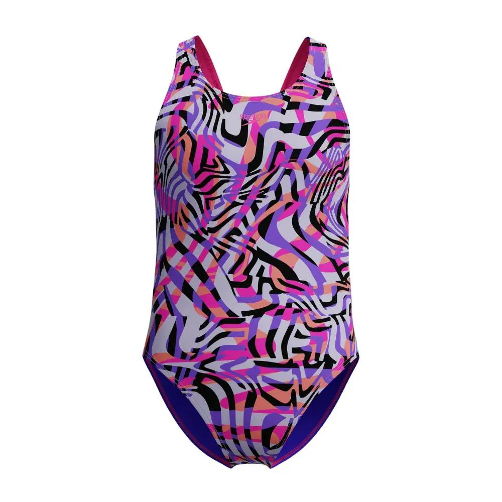 Speedo Girls Pink/Purple/Black Digital Allover Leaderback Swimsuit - Age 13-14