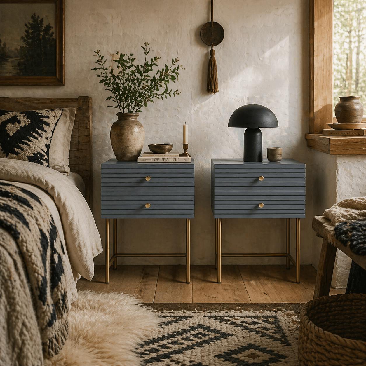 Wyld Haus Grey/Gold Lika Set Of 2 And Elegant Bedside Tables Ribbed Drawers