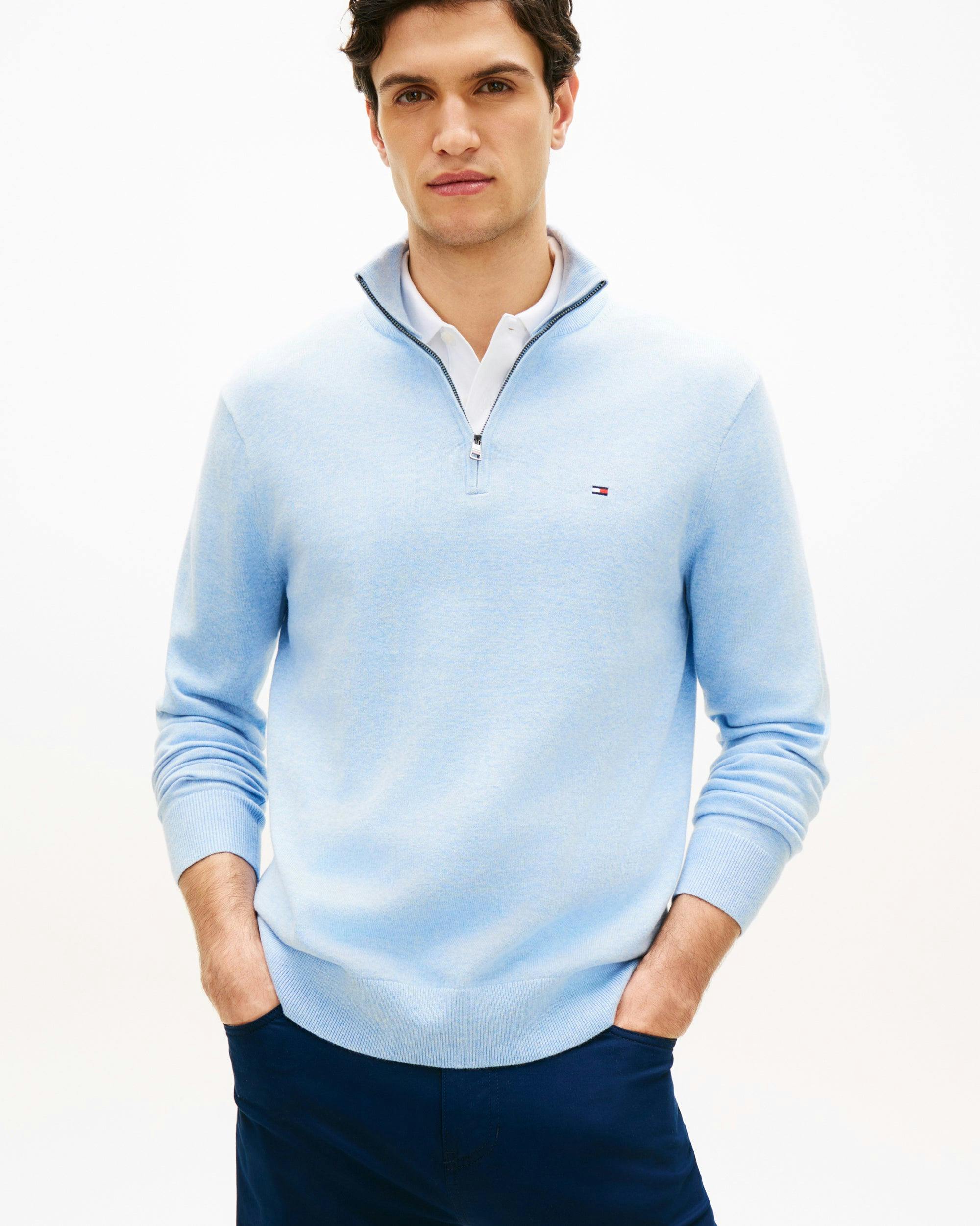 Tommy Hilfiger Men's Blue Essential Cotton 1/4 Zip Mock Sweatshirt - Vessel Heather - Vessel Heather - L
