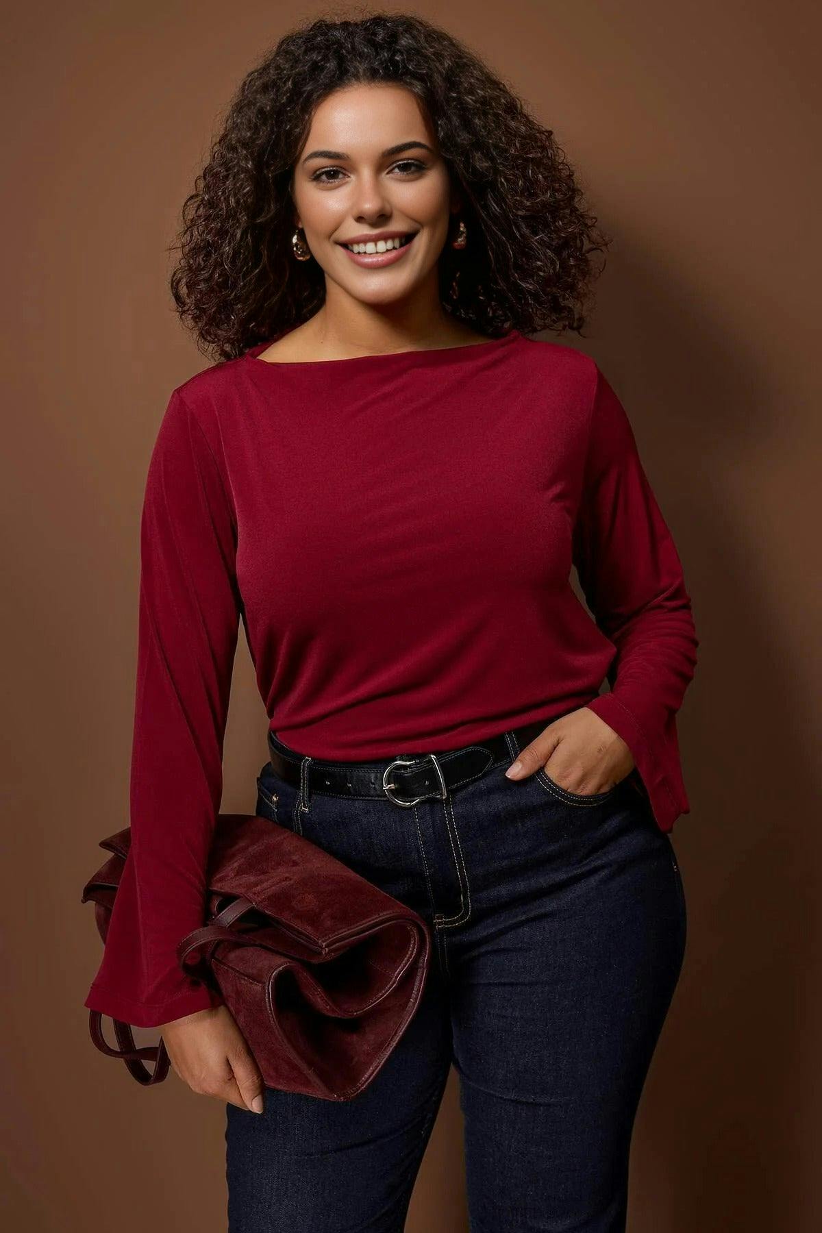 Wovcor Burgundy Relaxed Fit Spanish Sleeve Stretch Knit Blouse - 3XL