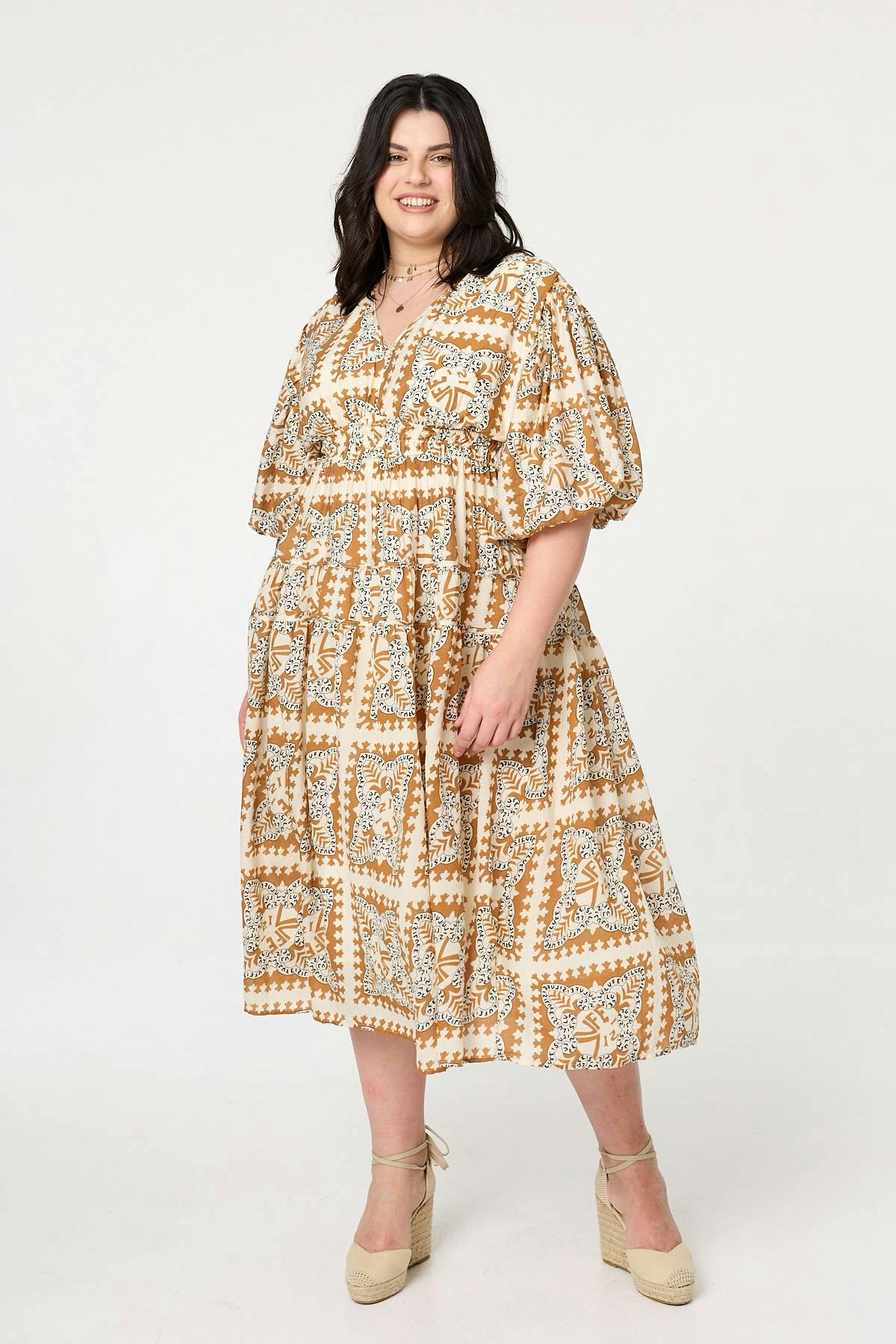 Izabel London Mosaic Print 1/2 Puff Sleeve Midi Dress - 20 - Mustard