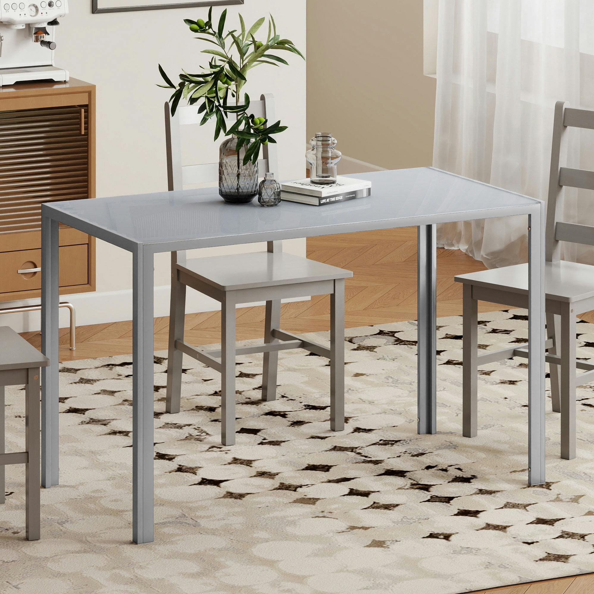 Homcom Grey Modern Rectangular 4 Seater Dining Table With Tempered Glass Top - 60 - Powder Coated