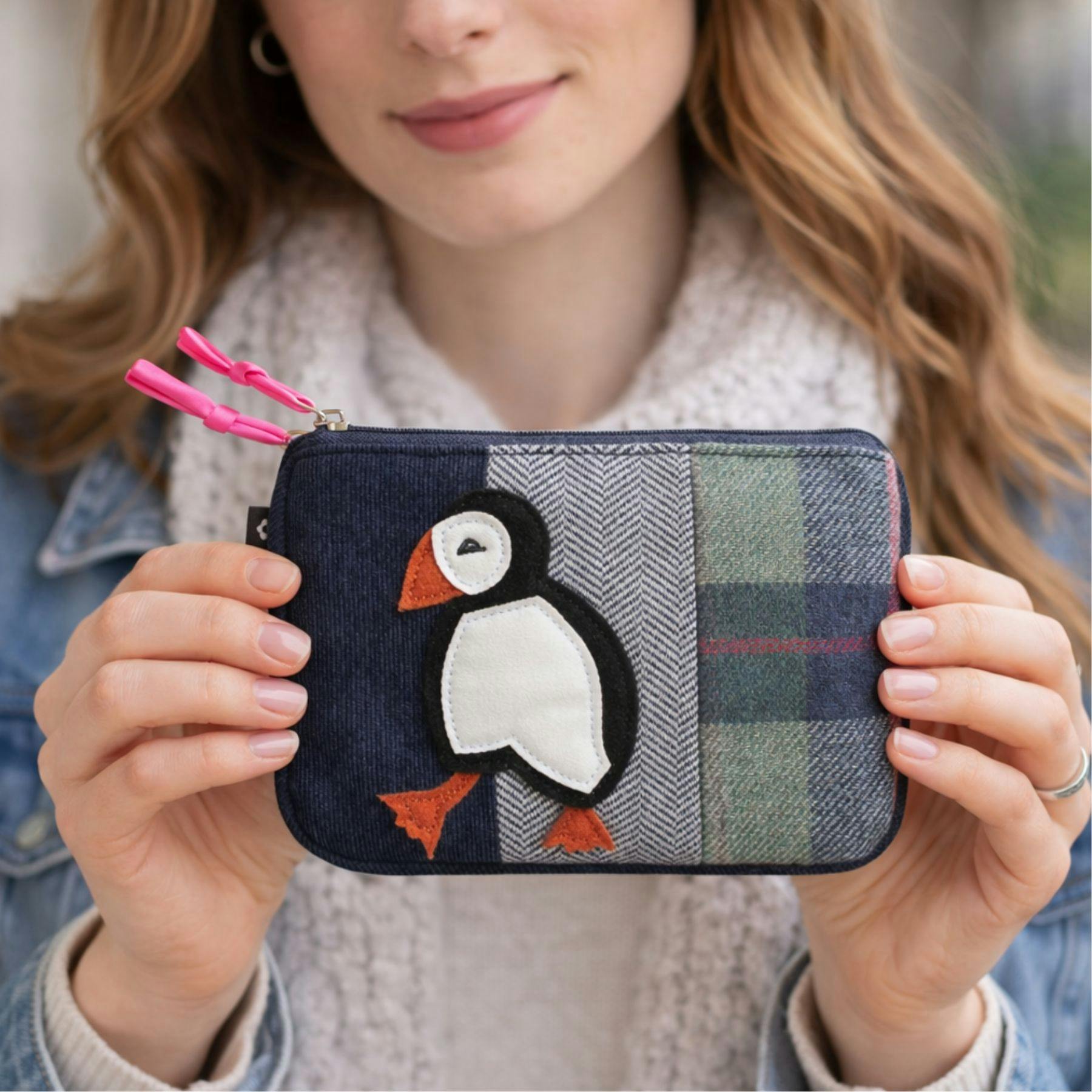 Earth Squared Tweed Appliqué Coin Purse – Sheep, Highland Cow, Dachshund, Puffin, Cat & Floral - Puffin