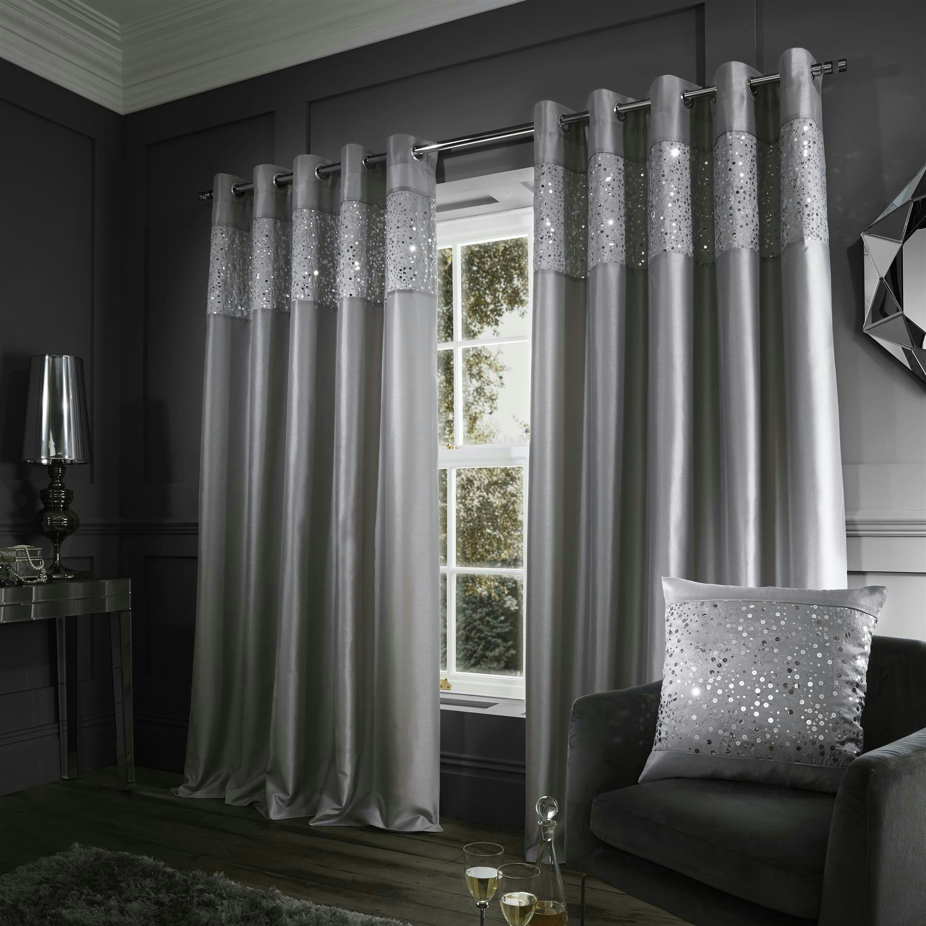 Catherine Lansfield Grey Glitzy Fully Lined Eyelet Curtains - 66X72" - Curtains 168Cm