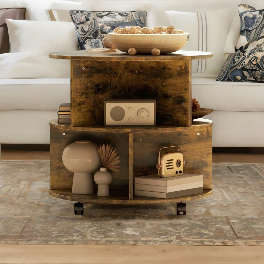 Rackhams Brown Industrial 3 Tier Rolling Coffee Table Rustic