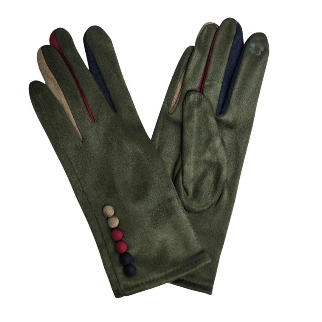 Love Emvy Women's Vibrant Colourful Contrast Gloves With Button Detailing - Olive