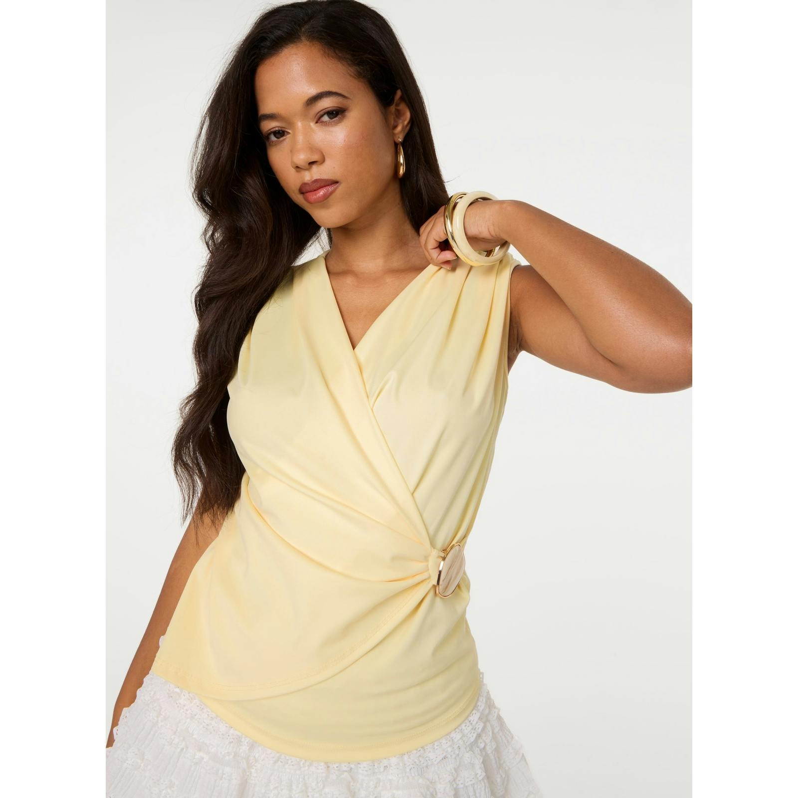 Pink Vanilla Pink/Light/Yellow Vanilla Stone Buckle Cross Over Slinky Top - S-M