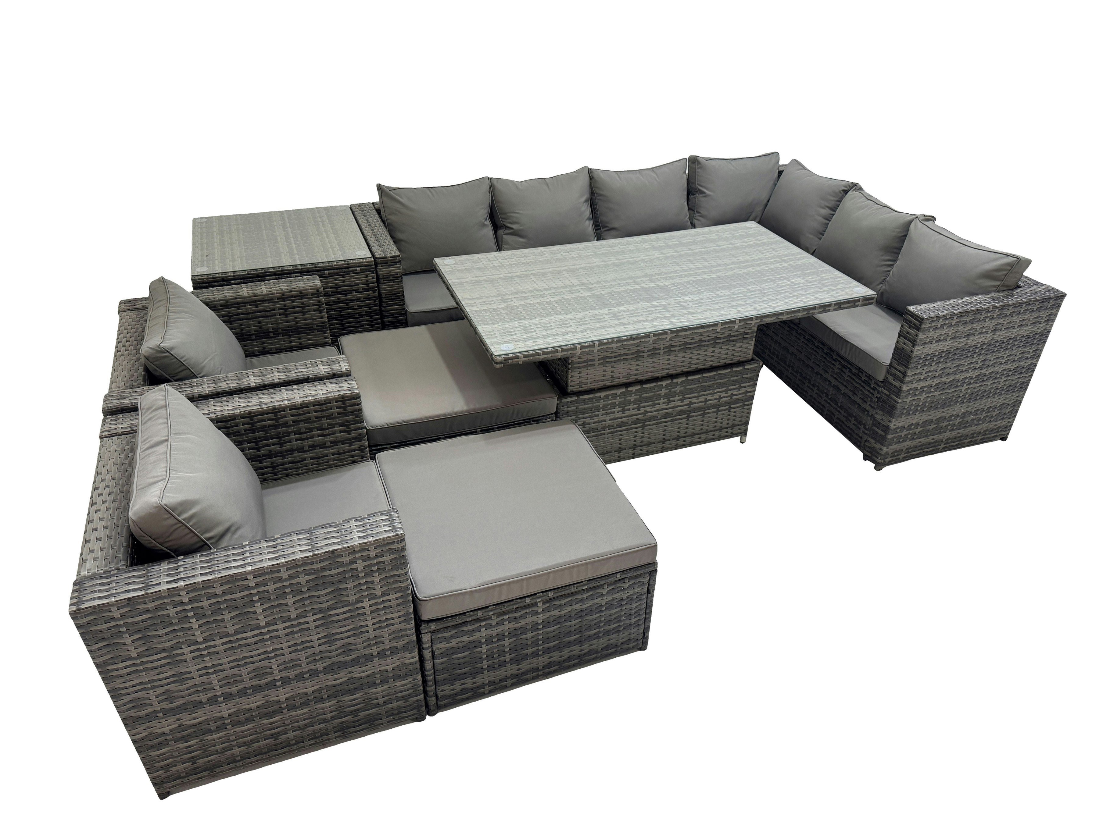 Fimous Dark/Grey 10 Seater Rattan Height Adjustable Rising Lifting Table Corner Sofa Sets With 2 Chairs 2 Big Stools Side Table Mixed