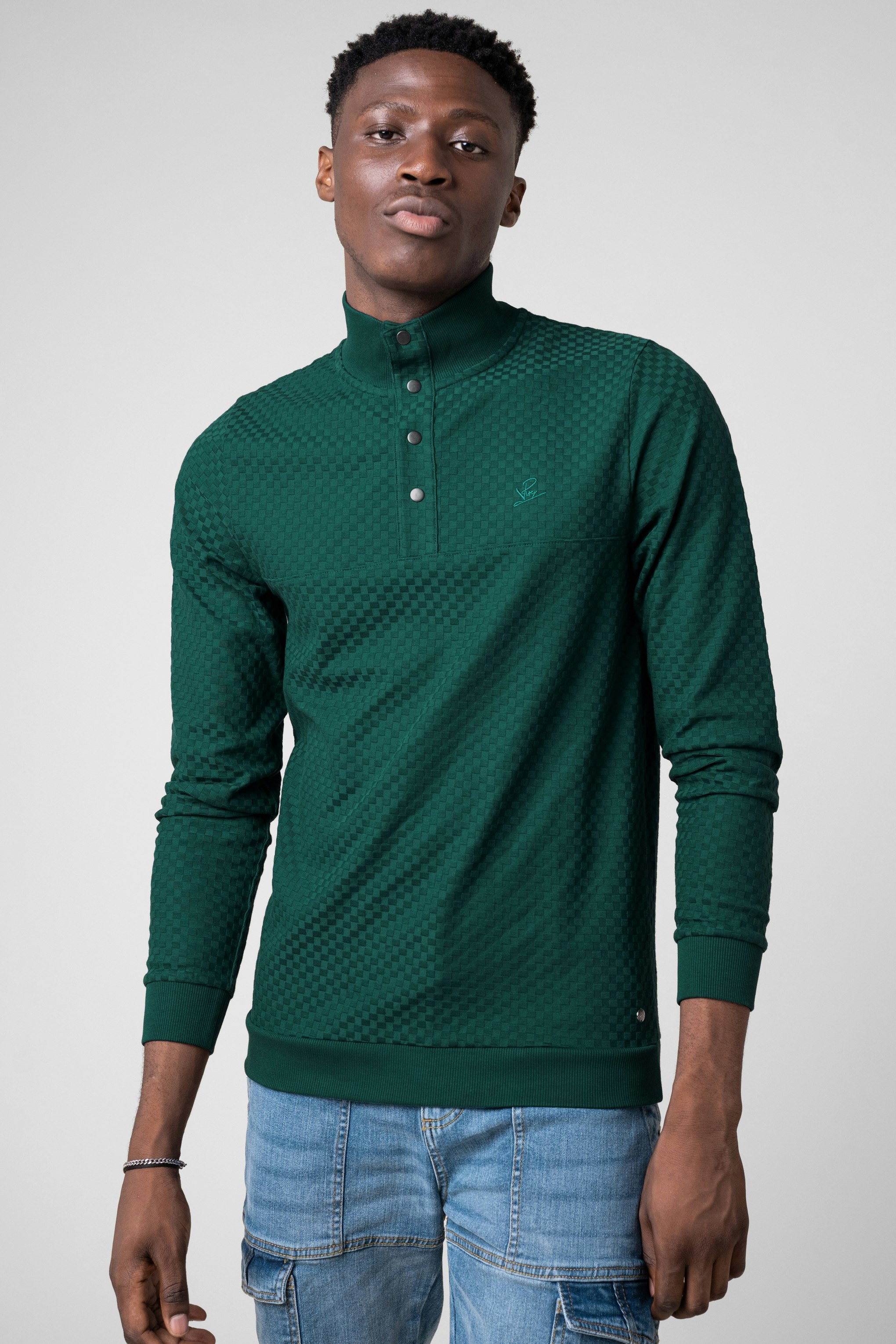 Enorsia Green Textured Pattern High Neck Sweatshirt - Xl - 94% Cotton, 6% Elastane