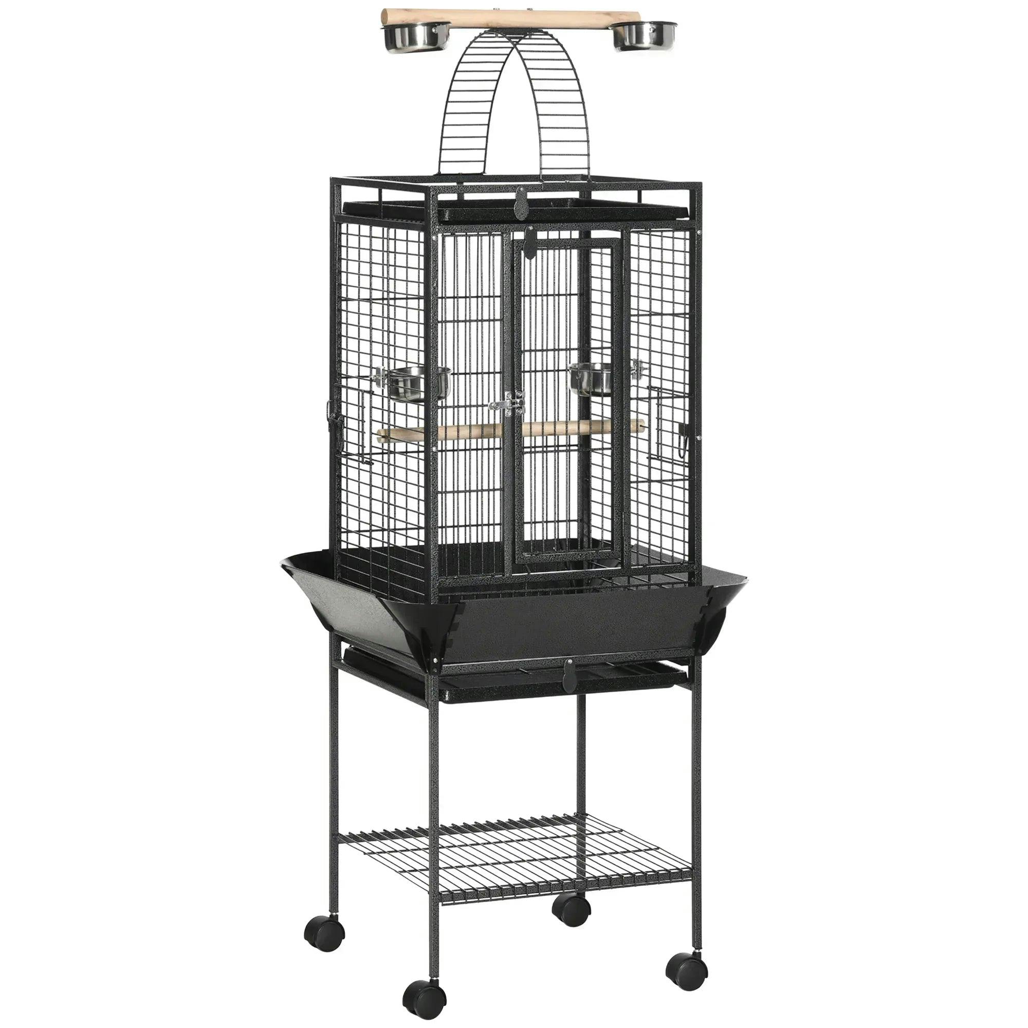 Pawhut 156Cm Bird Cage,Large Parrot Cage With Open Play Top, Perch, Seed Guard, Wheels, Storage Shelf For Budgie, Cockatiel, Conure, Lovebird, Dark Grey - Image 5
