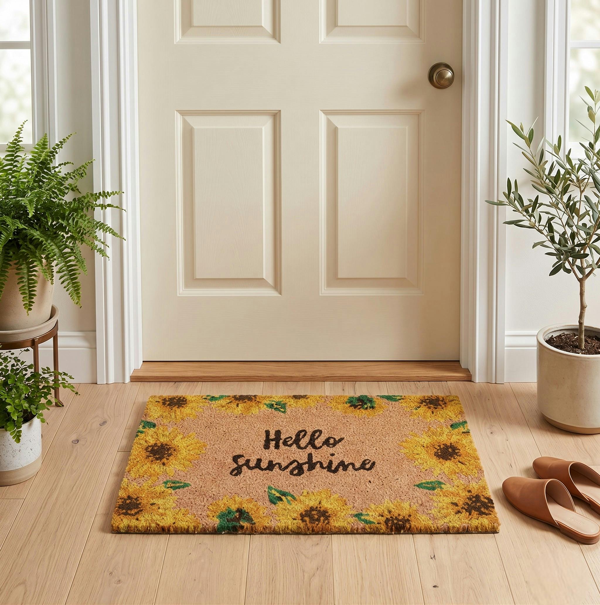 Rackhams Golden/Green/Yellow Sunflower Hello Sunshine Natural Coir Welcome Doormat