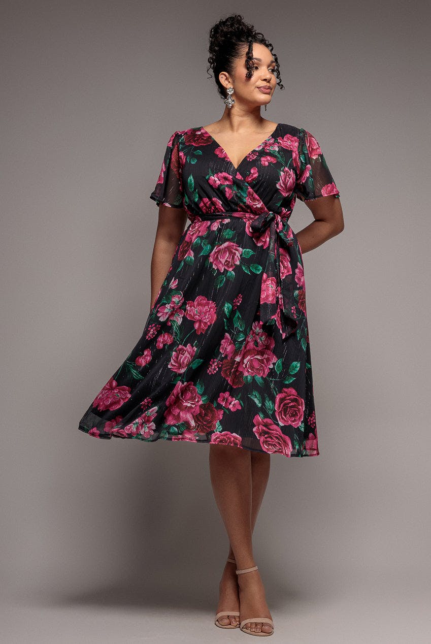 Goddiva Plus Black Floral Print Wrap Chiffon Midi Dress - Floral By - Floral - 20
