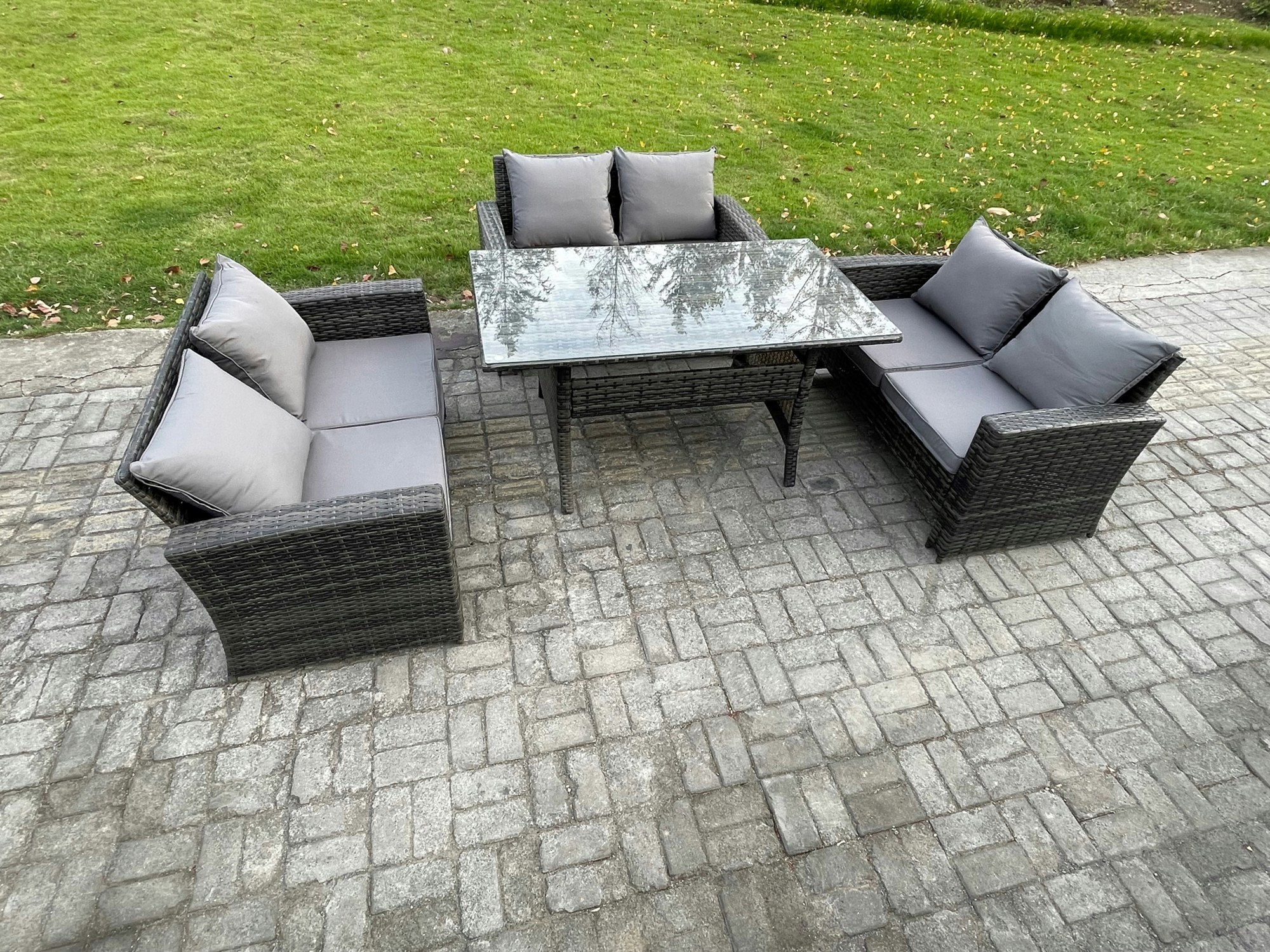 Rackhams 6 Seater Rattan Wicker Garden Furniture Patio Conservatory Sofa Set Indoor Outdoor With Dining Table Double Seat Sofa