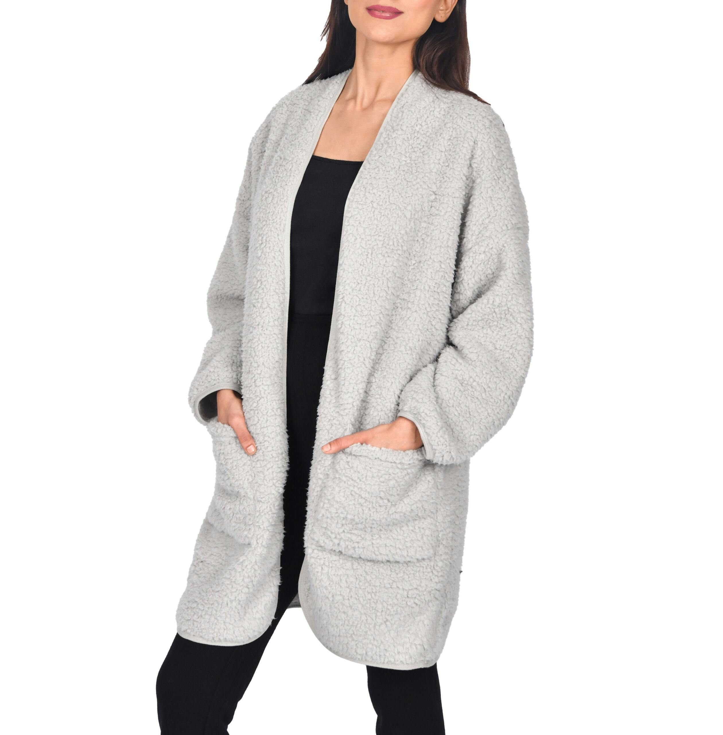Smart Living Women's Grey Borg Bathrobe With Ribbed Placket - L/Xl