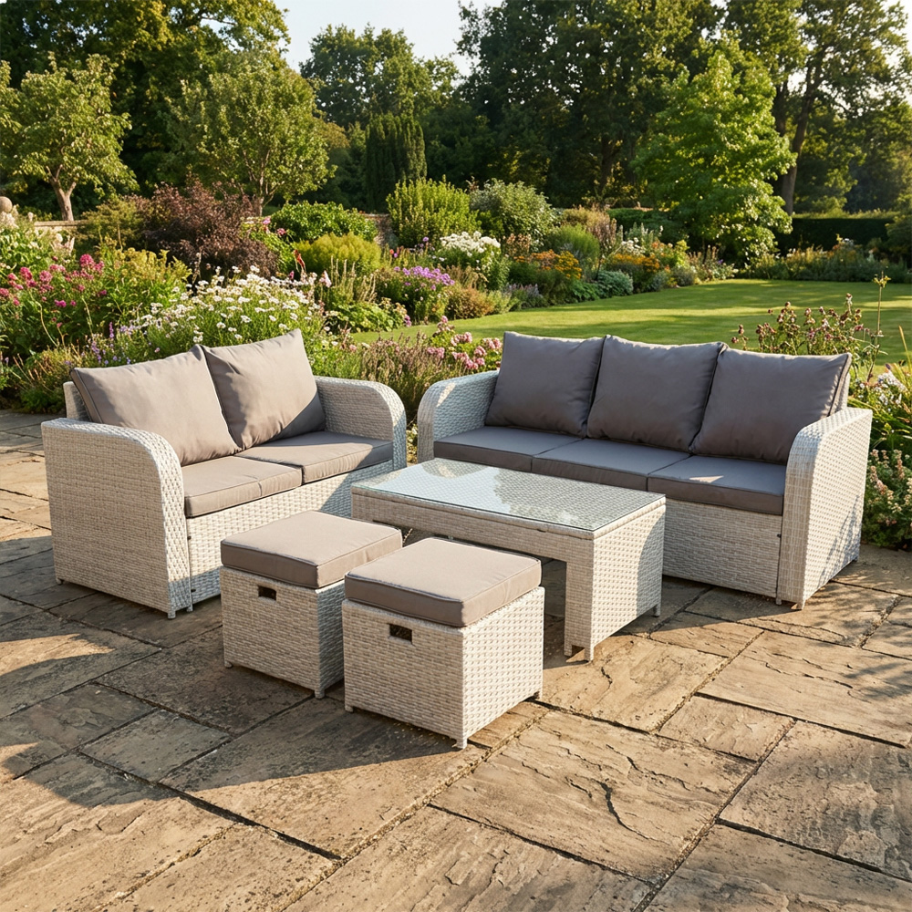 Fimous Light/Grey 7 Seater Rattan Garden Furniture Set With Coffee Table, 3 Seater Sofa, Love Sofa & 2 Stools