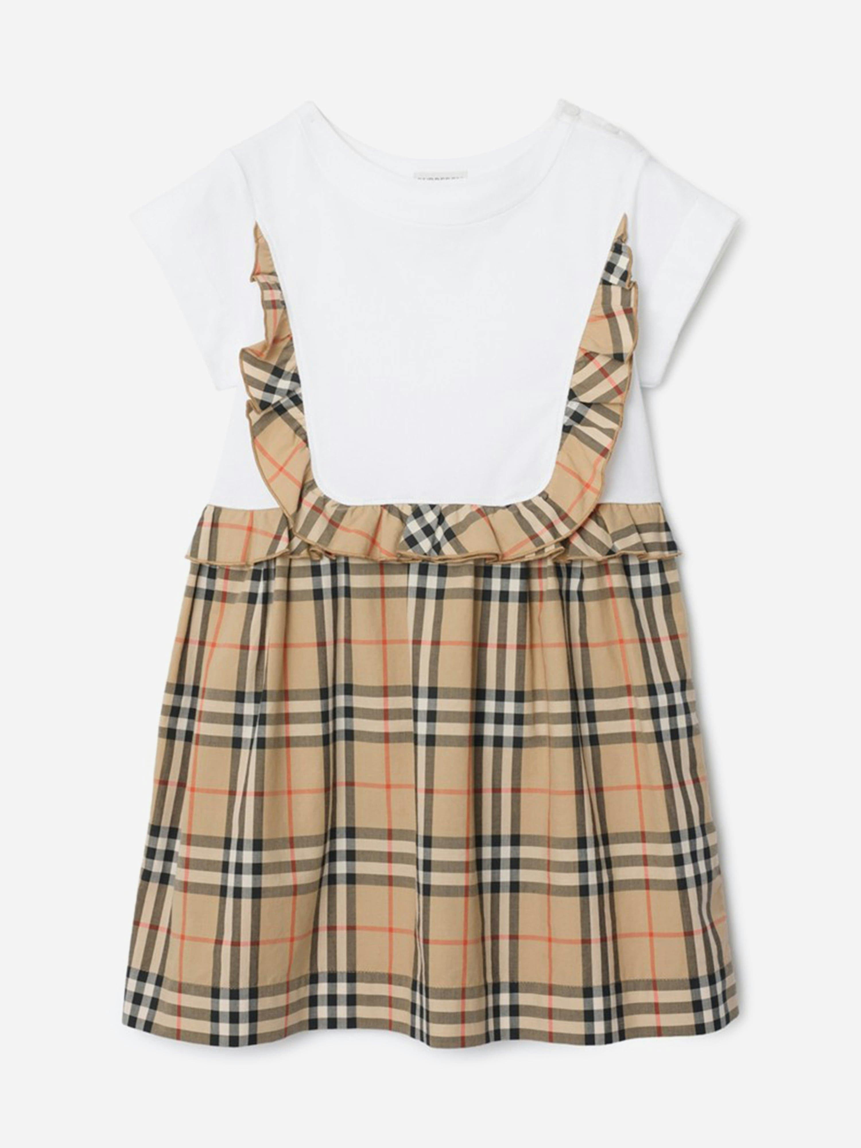 Burberry Kids Girls Beige Burberry Rhonda Frill Check Trim Dress In - Camel - 12 Yrs