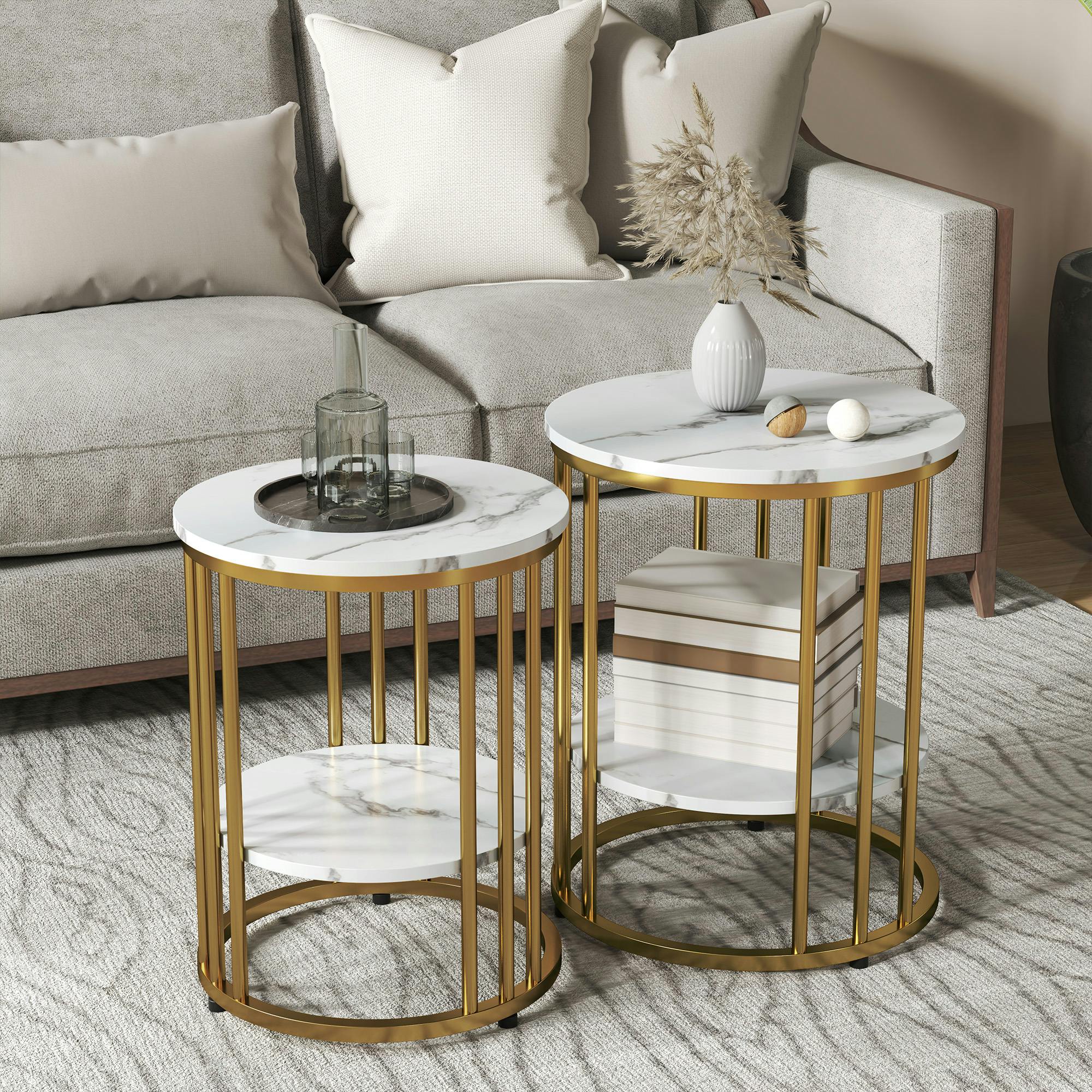 Rackhams Gold Marble-Effect Round Coffee Table Set Of 2 For Living Room, Tone