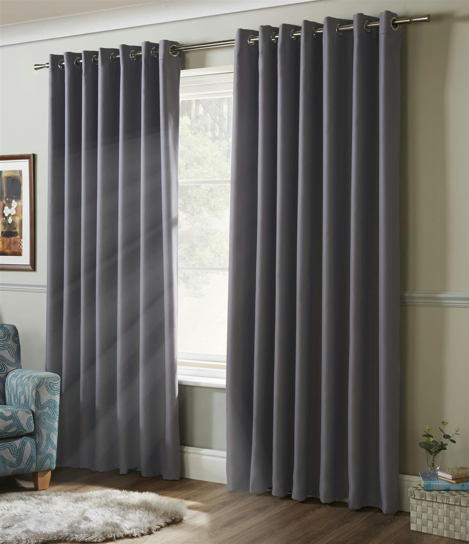 Rackhams Silver Plain Blackout Ring Top Curtains - 117Cm Width X 183Cm Drop