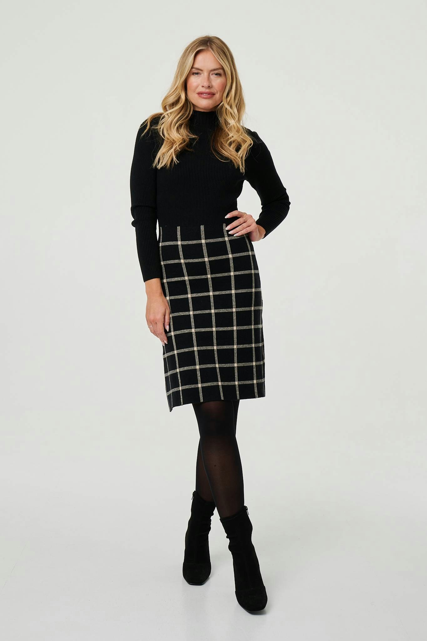 Izabel London Black Checked High Neck Knit Skater Midi Dress - 12
