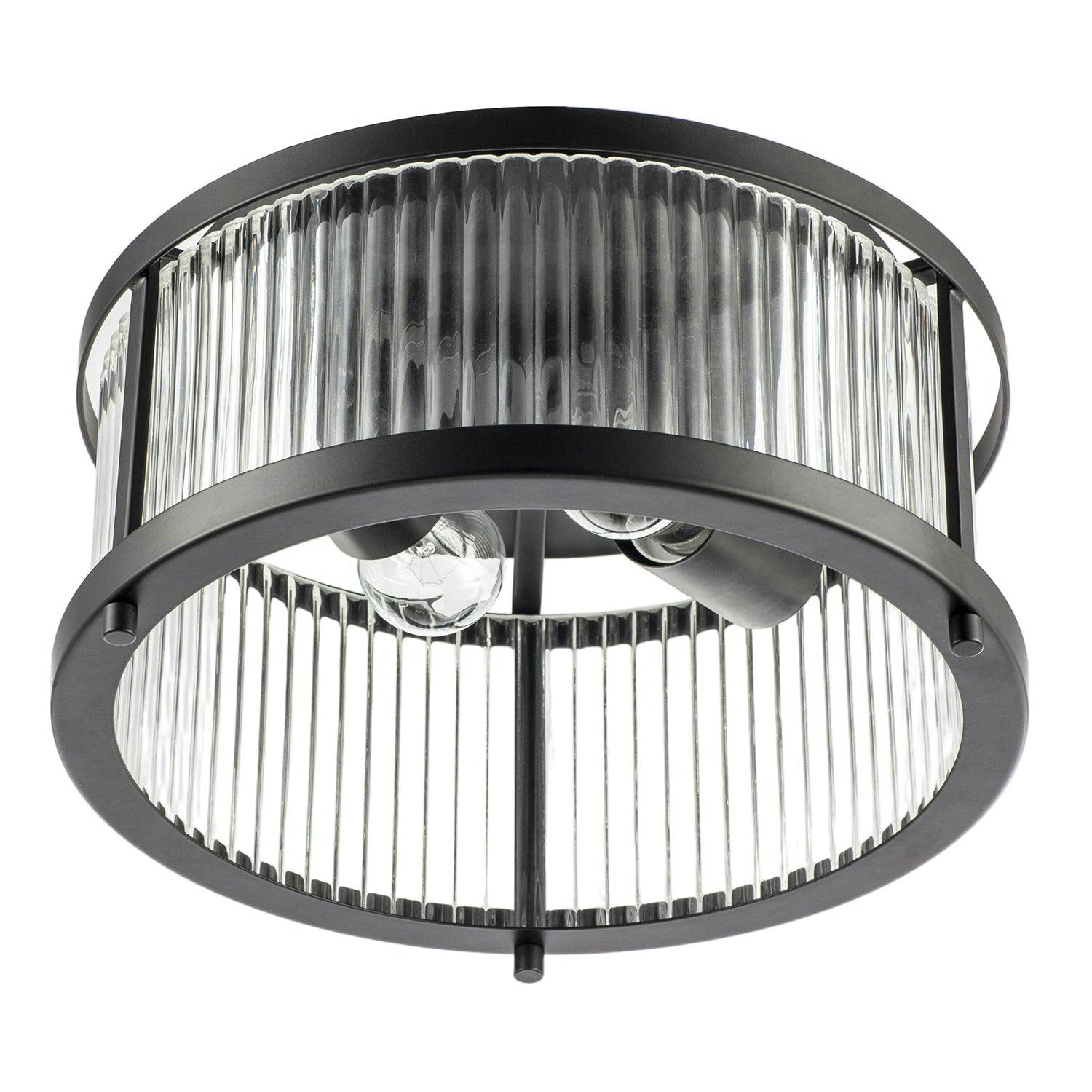 Rackhams Black/Light Sleek Matte Flush Ceiling With Fluted Ribbed Clear Glass
