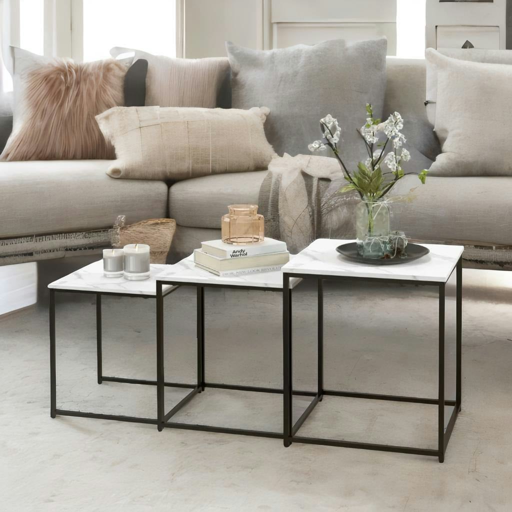 Rafaelo Mobilia White Set Of 3 Marbel Effect Square Nesting Tables