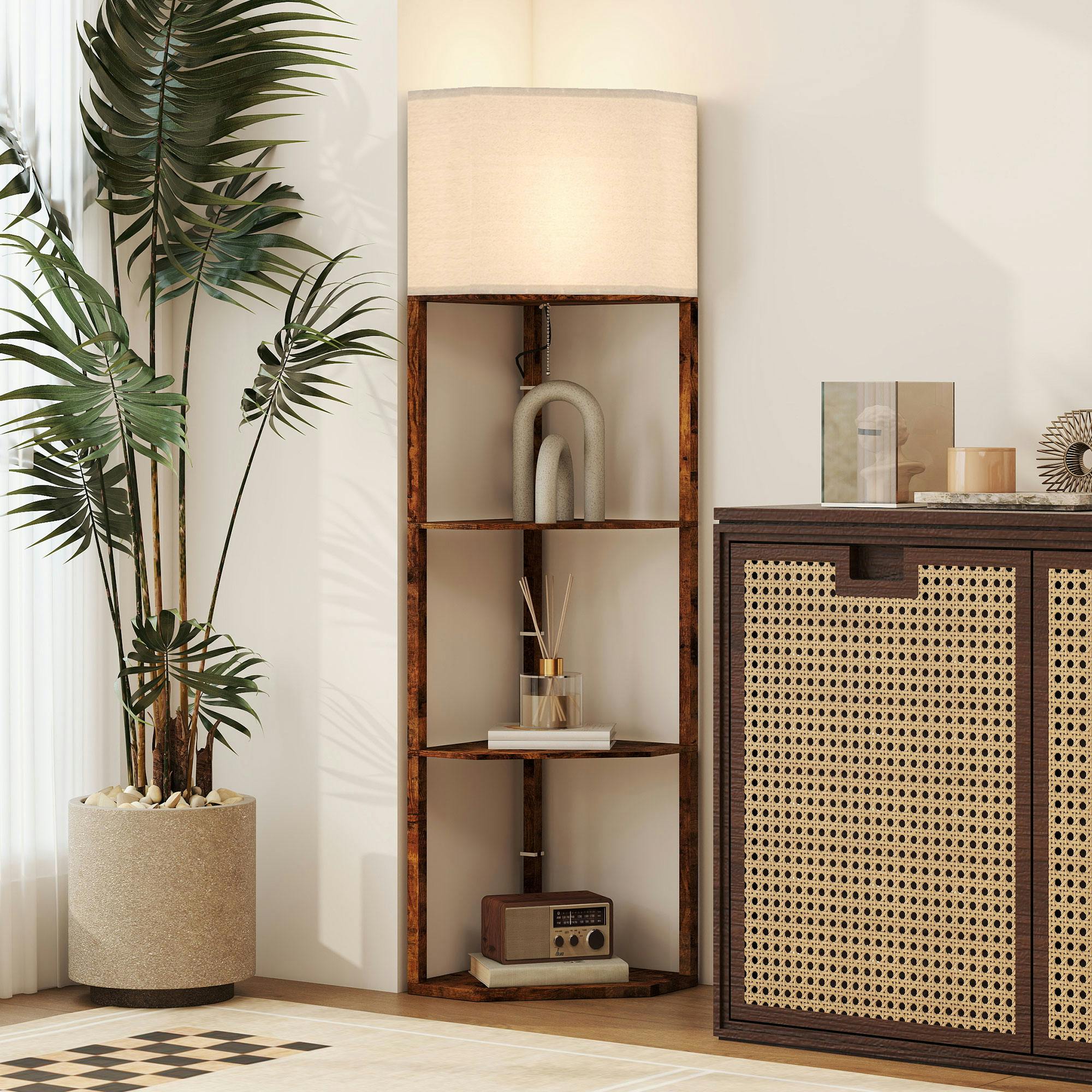 Homcom Brown Corner Modern Floor Lamp With Shelves For Living Room, Rustic - Bulb Not Included - Mdf, Linen (Polyester) - Floor Lamp