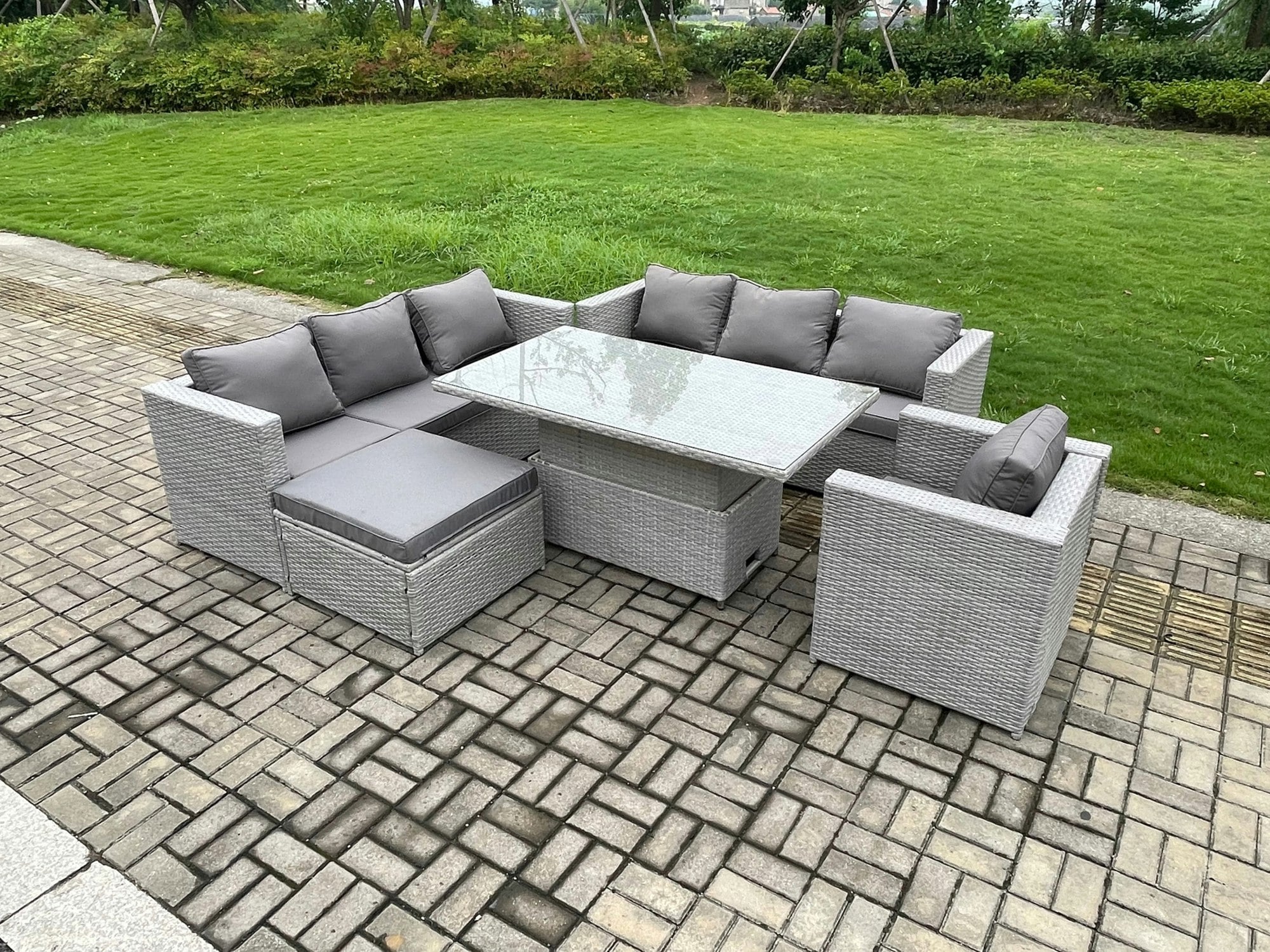 Fimous Outdoor Pe Rattan Garden Funiture Set Height Adjustable Rising Lifting Table Sofa Dining Set With Armchair Big Footstool