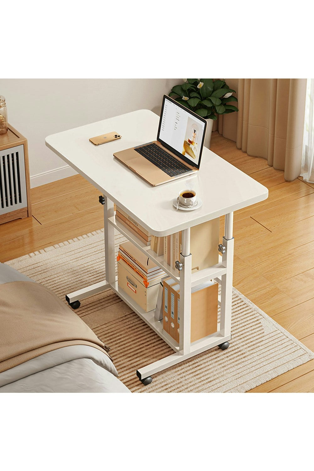 Rackhams White 3-Tier Height Adjustable Mobile Table Overbed Desk With Shelves Wheels