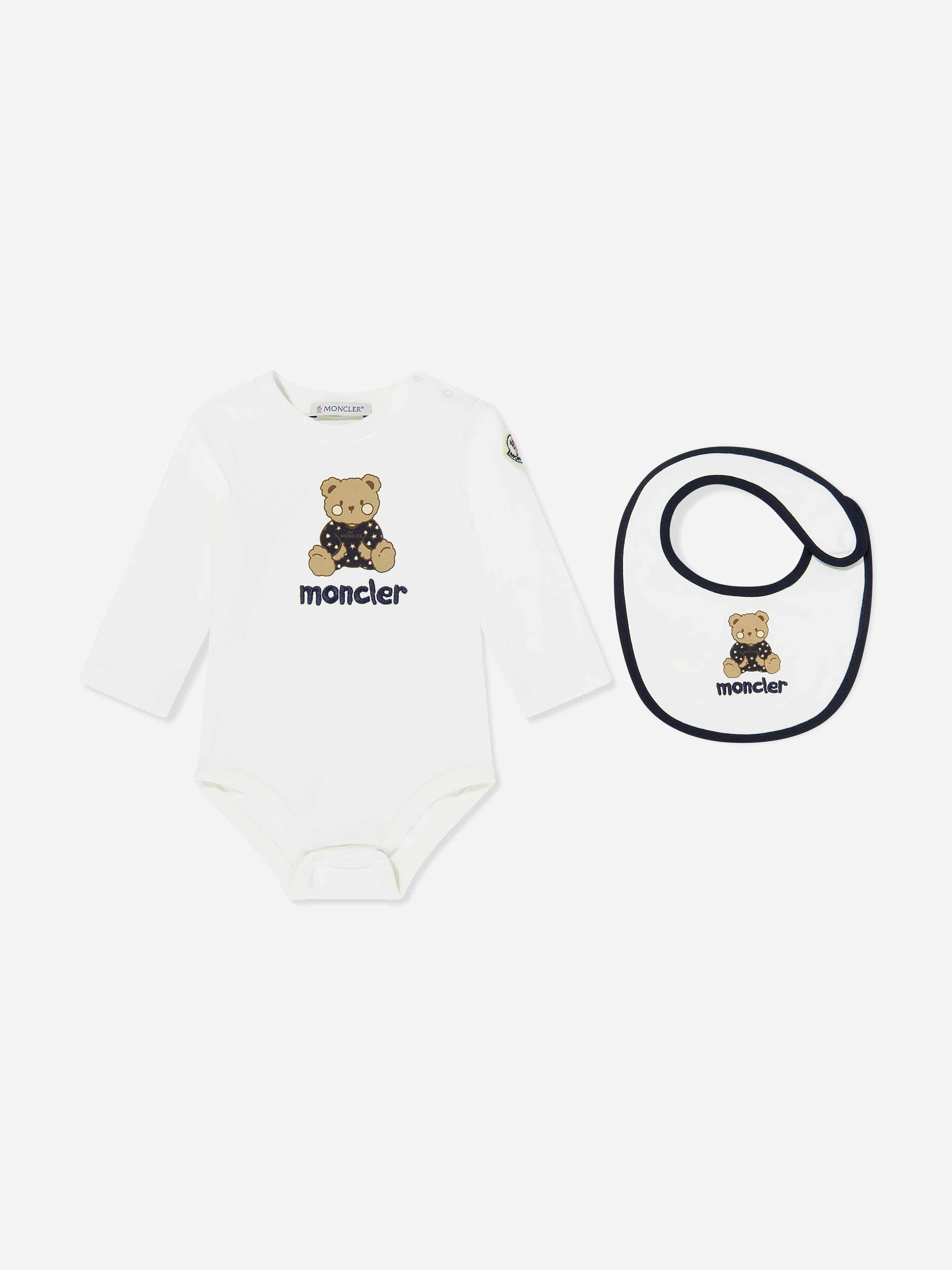 Moncler Enfant White Baby Teddy Bear Bodysuit And Bib Gift Set In - 1 - 3 Mths