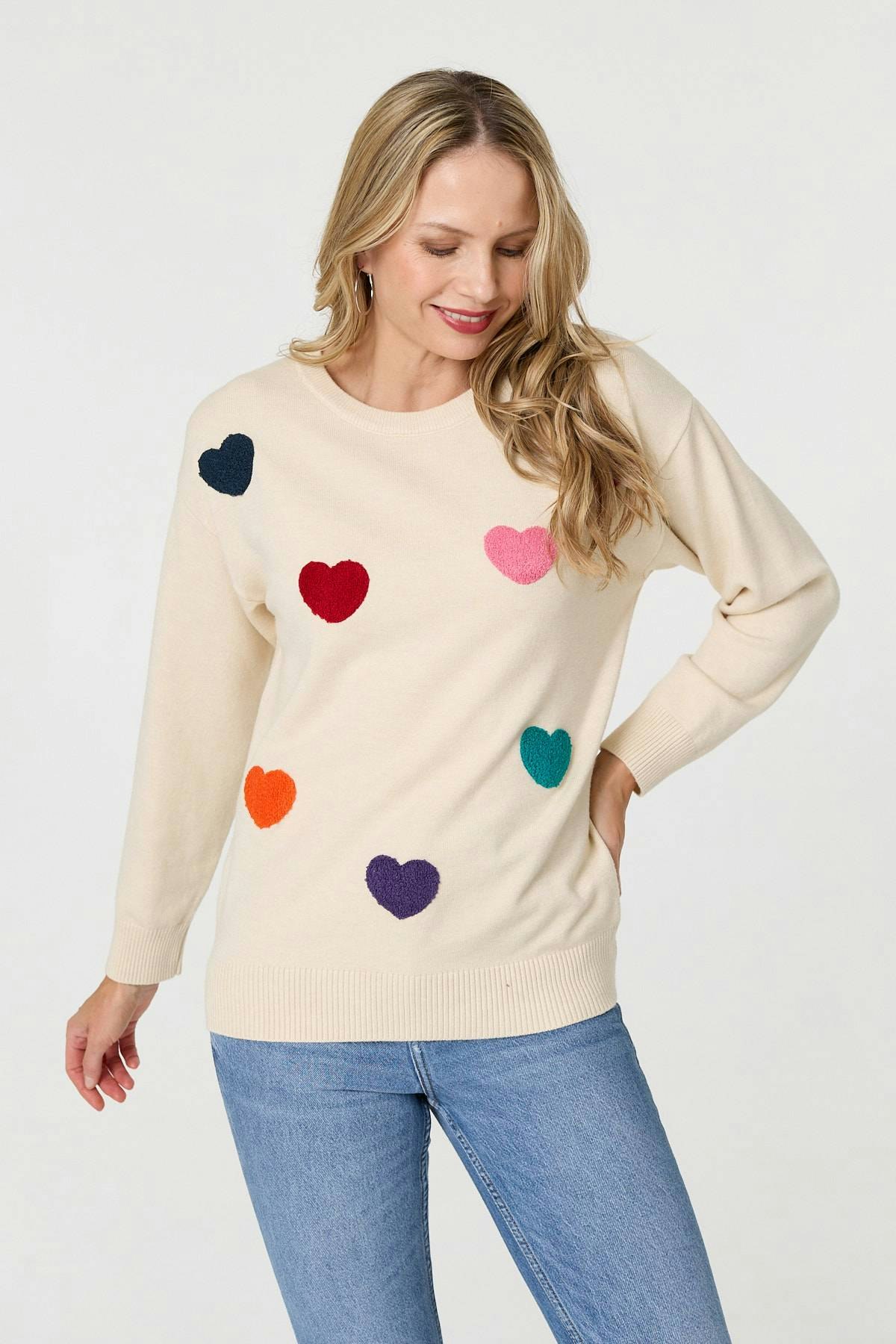 Izabel London Beige Heart Embellished Batwing Sleeve Jumper - S/M