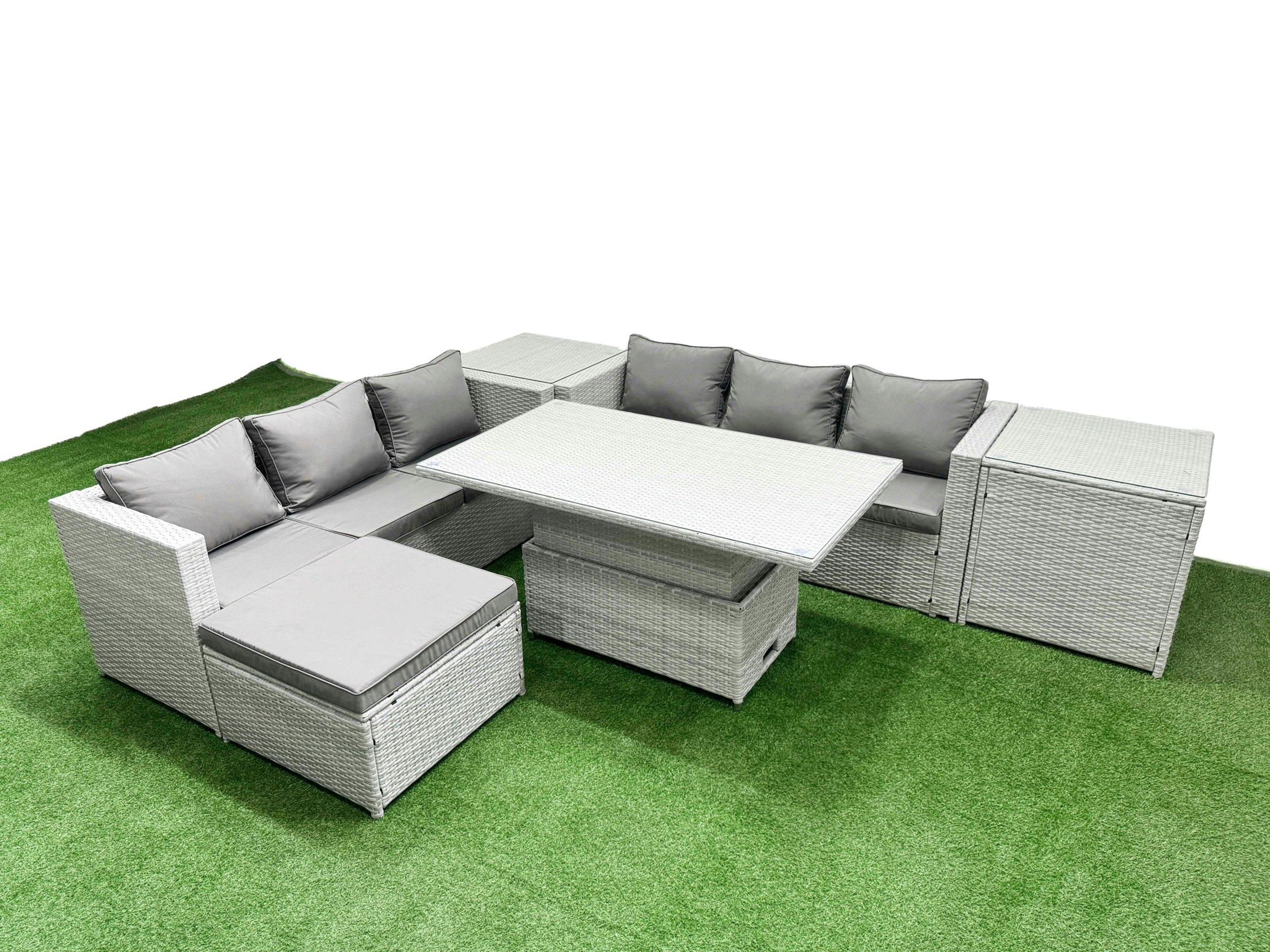 Fimous Light/Grey 6 Pcs Rising Dining Table Set Rattan Furniture Set With 3 Seater Sofa Big Footstool 2 Side Tables