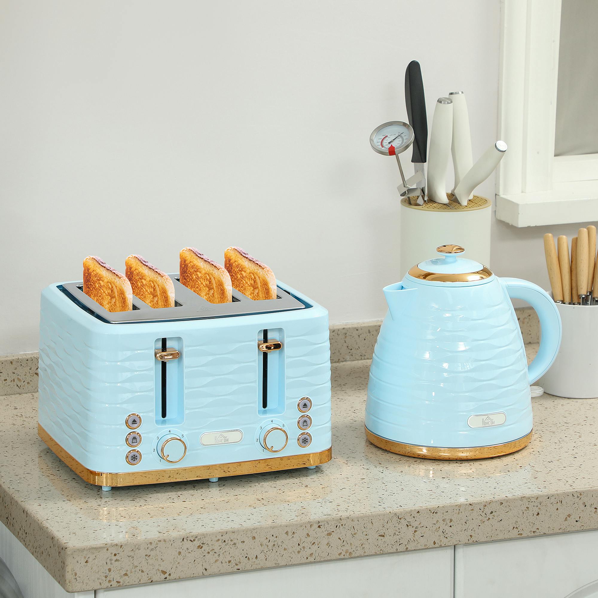 Homcom Grey/Light/Blue Kettle And Toaster Set 1.7L Rapid Boil Kettle & 2 Slice Toaster