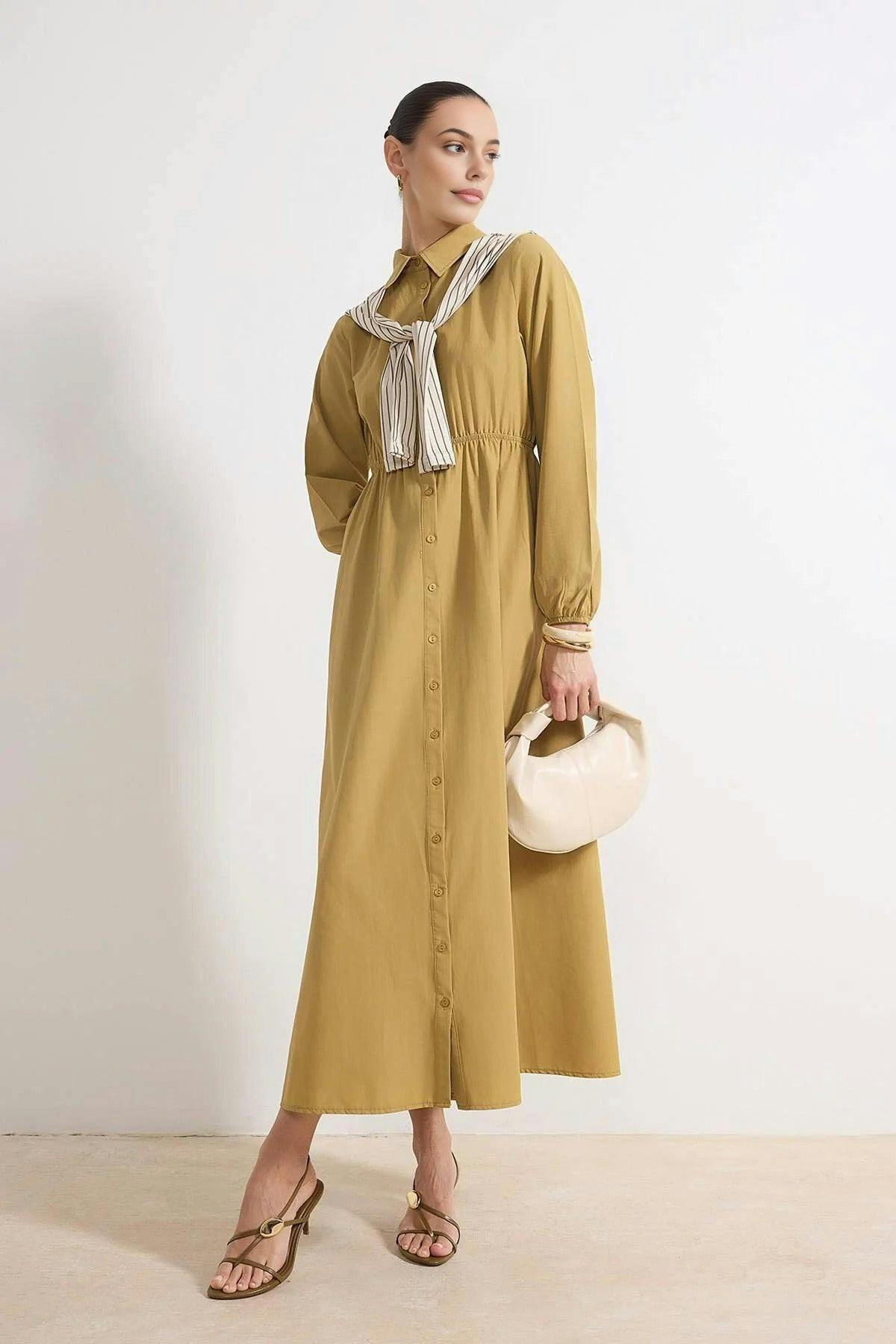 Wovcor Striped Shirt Collar Long Sleeve Midi Dress With Scarf Detail - Lightkhaki - 6