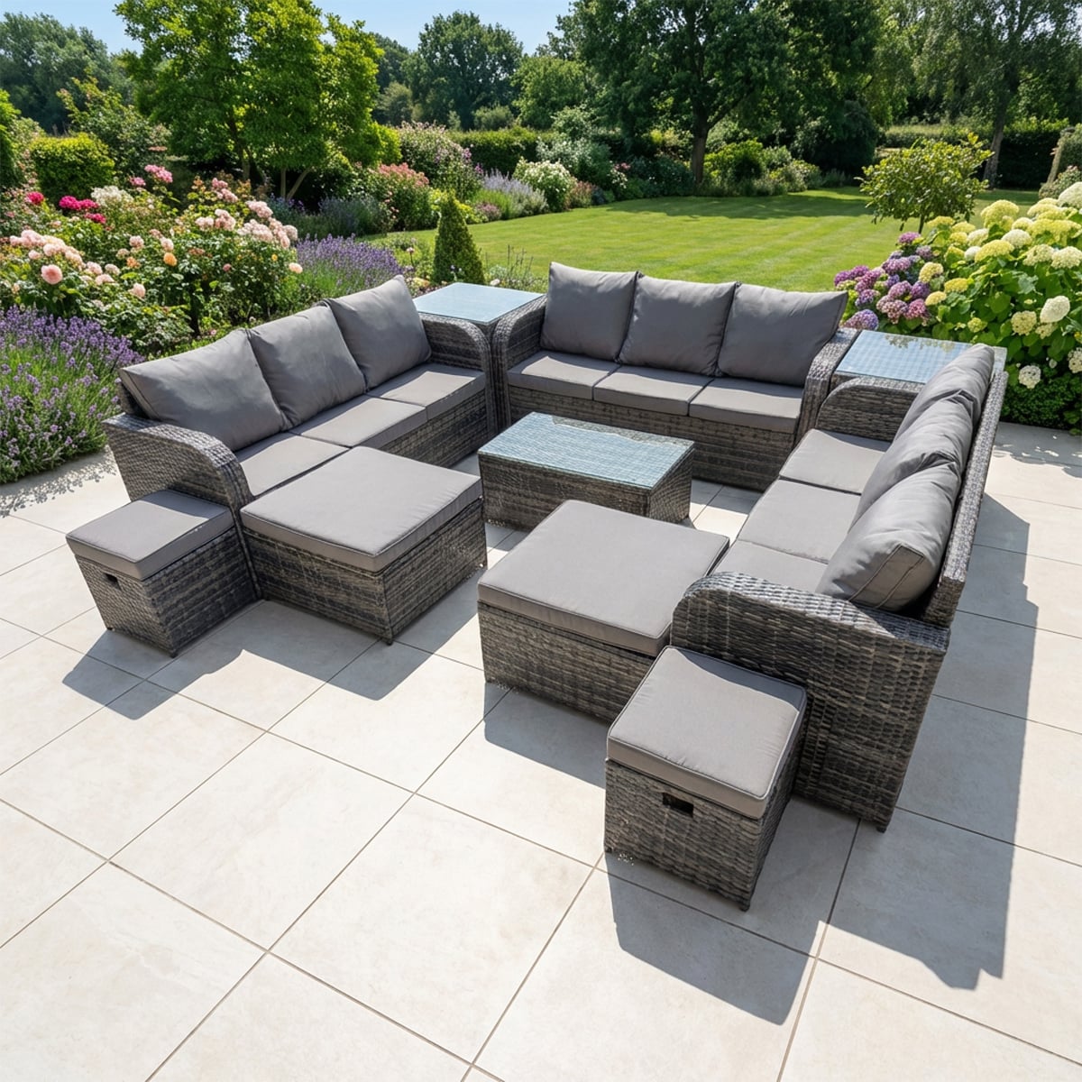 Fimous Dark/Grey Outdoor 3 Seater Sofa Coffee Table Set Garden Rattan Furniture Set 13 Seater With 2 Side Tables 4 Stools