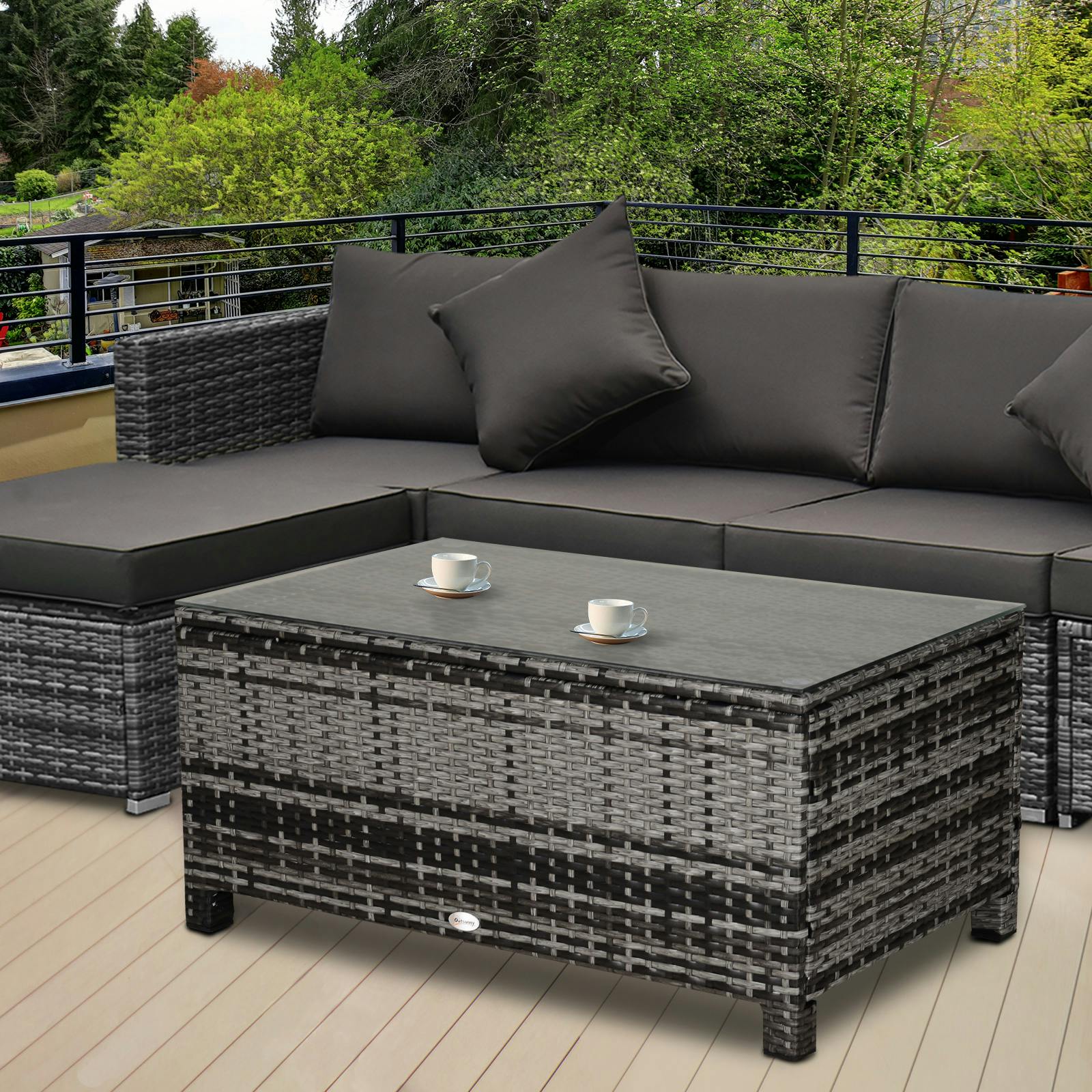 Rackhams Brown/Grey Garden Rattan Side Table,Wicker Coffee Desk, Glass Top, Mixed - Mixed