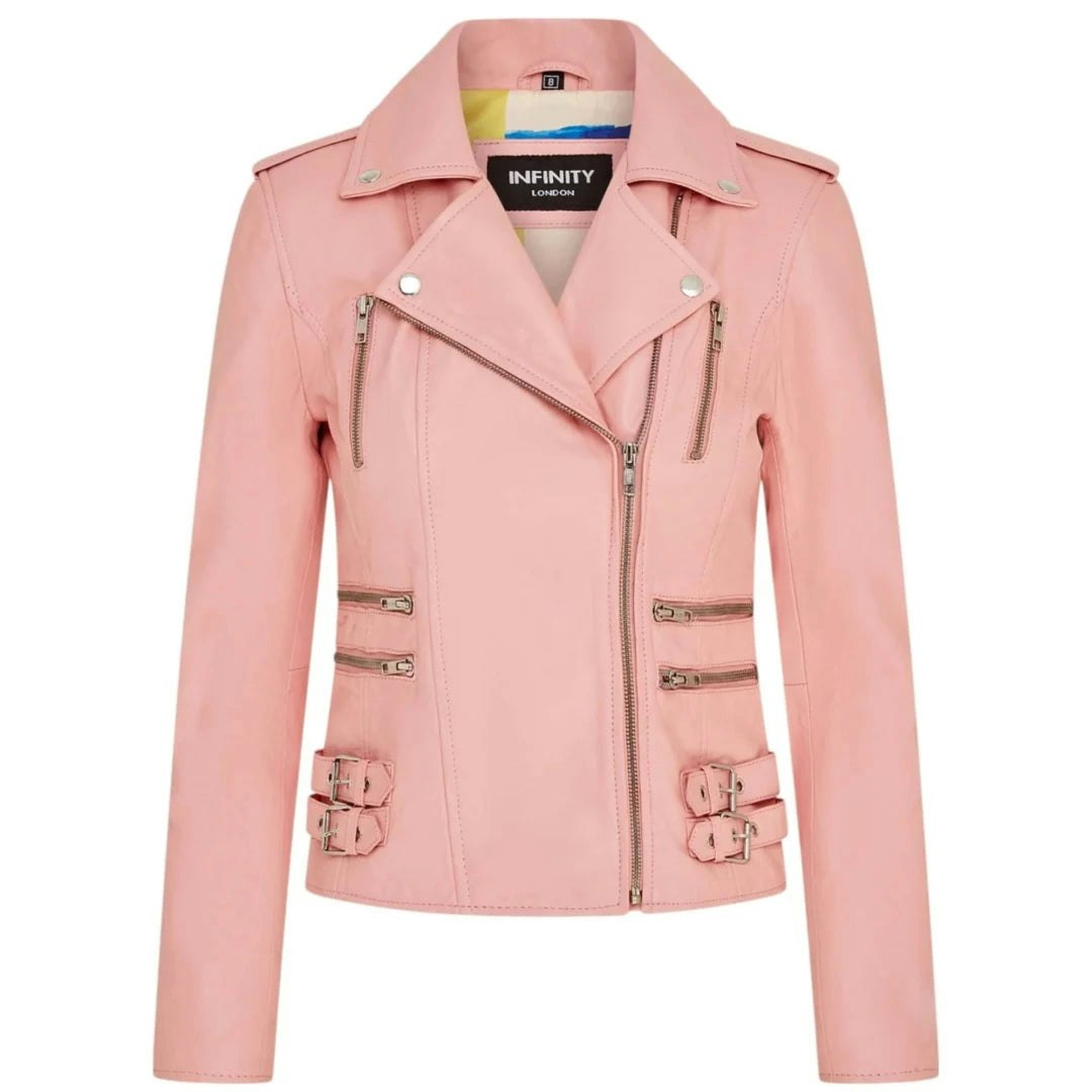 Infinity Leather Women's Pink Leather Company Real Lamb Nappa Leather Vintage Biker Jacket - Baby - Uk 20