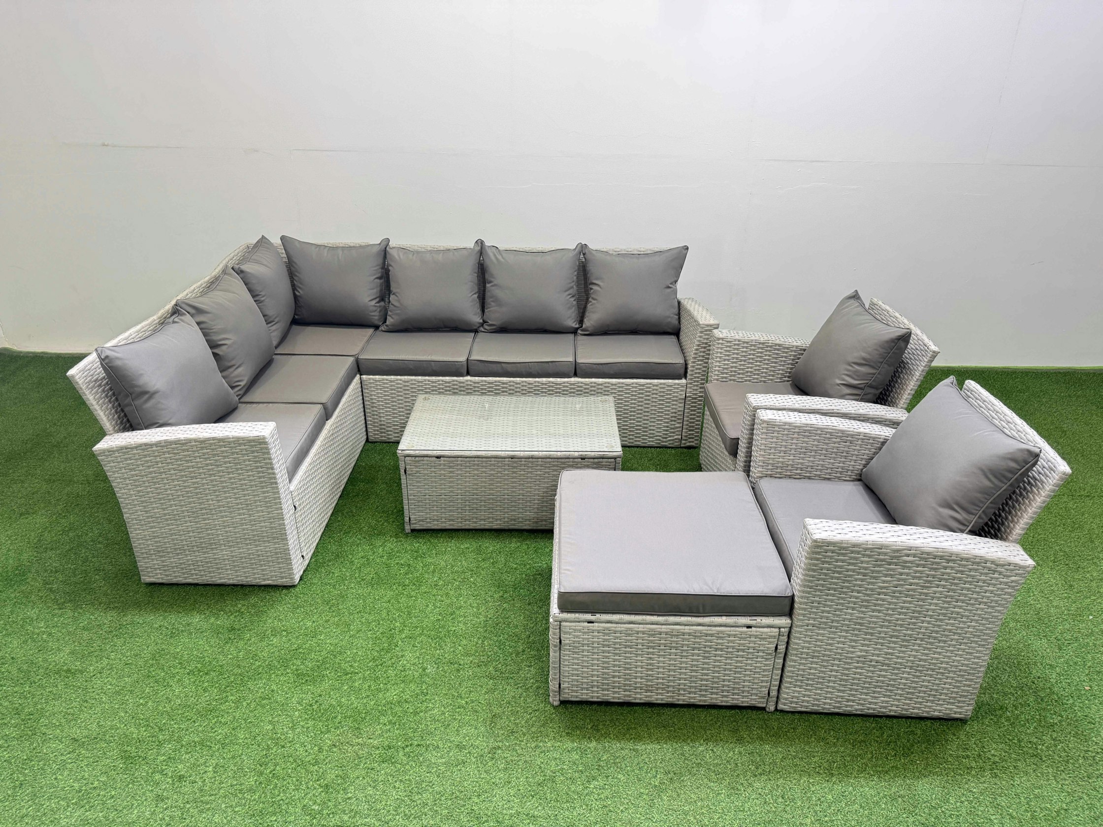 Rackhams Light/Grey 9 Seater Garden Outdoor Pe Rattan Furniture Set Rattan Garden Sofa Set With Big Footstool 2 Chair Mixed