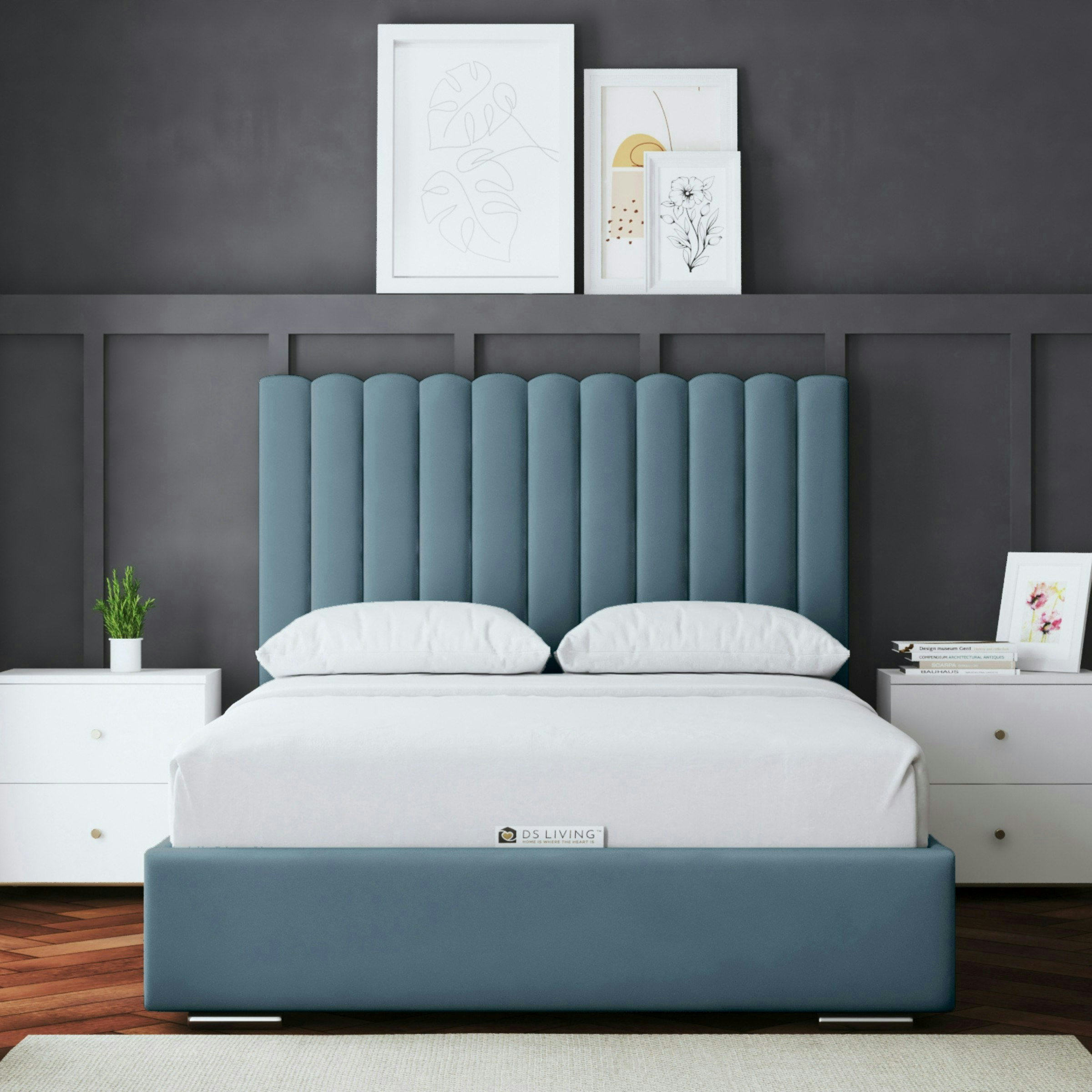 Rackhams Blue Evangeline Divan Bed With Upholstered Headboard - King / 5Ft