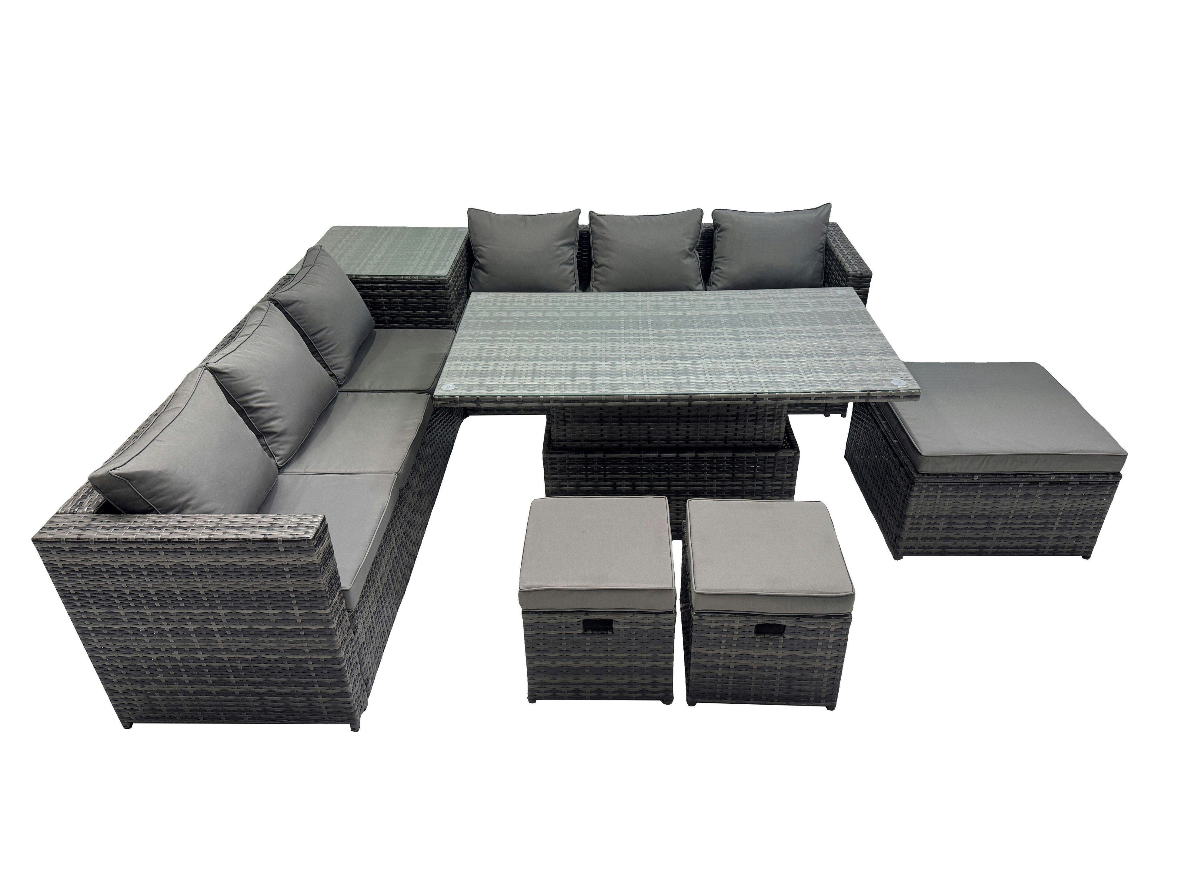 Rackhams Dark/Grey 9 Seater Outdoor Corner Sofa Height Adjustable Rising Lifting Table Set Garden Rattan Furniture Set With 3 Stools Side Table