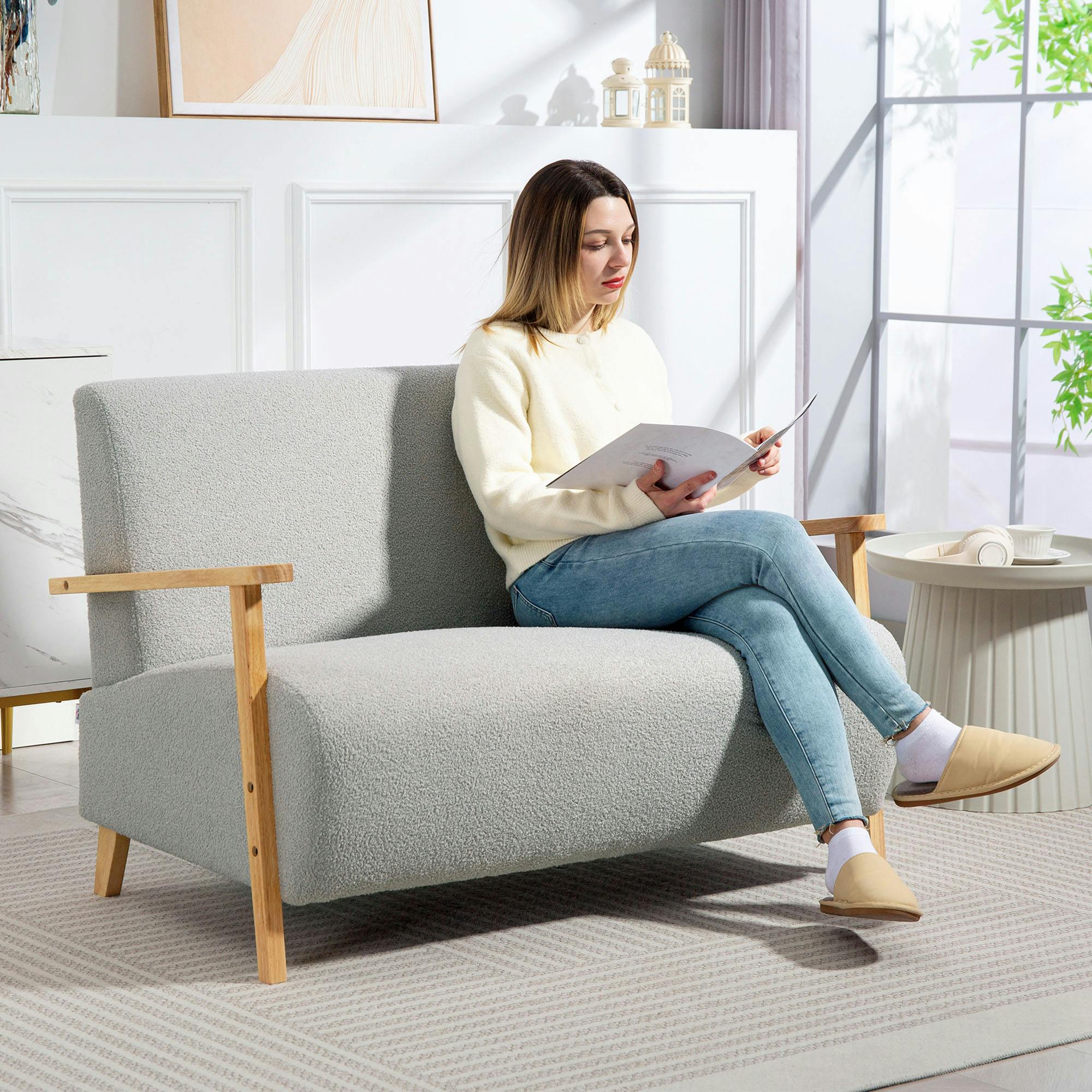 Rackhams Cream/Light/Grey 2 Seater Sofa, Fabric Modern Loveseat For Living Room, - Both Sides - 1