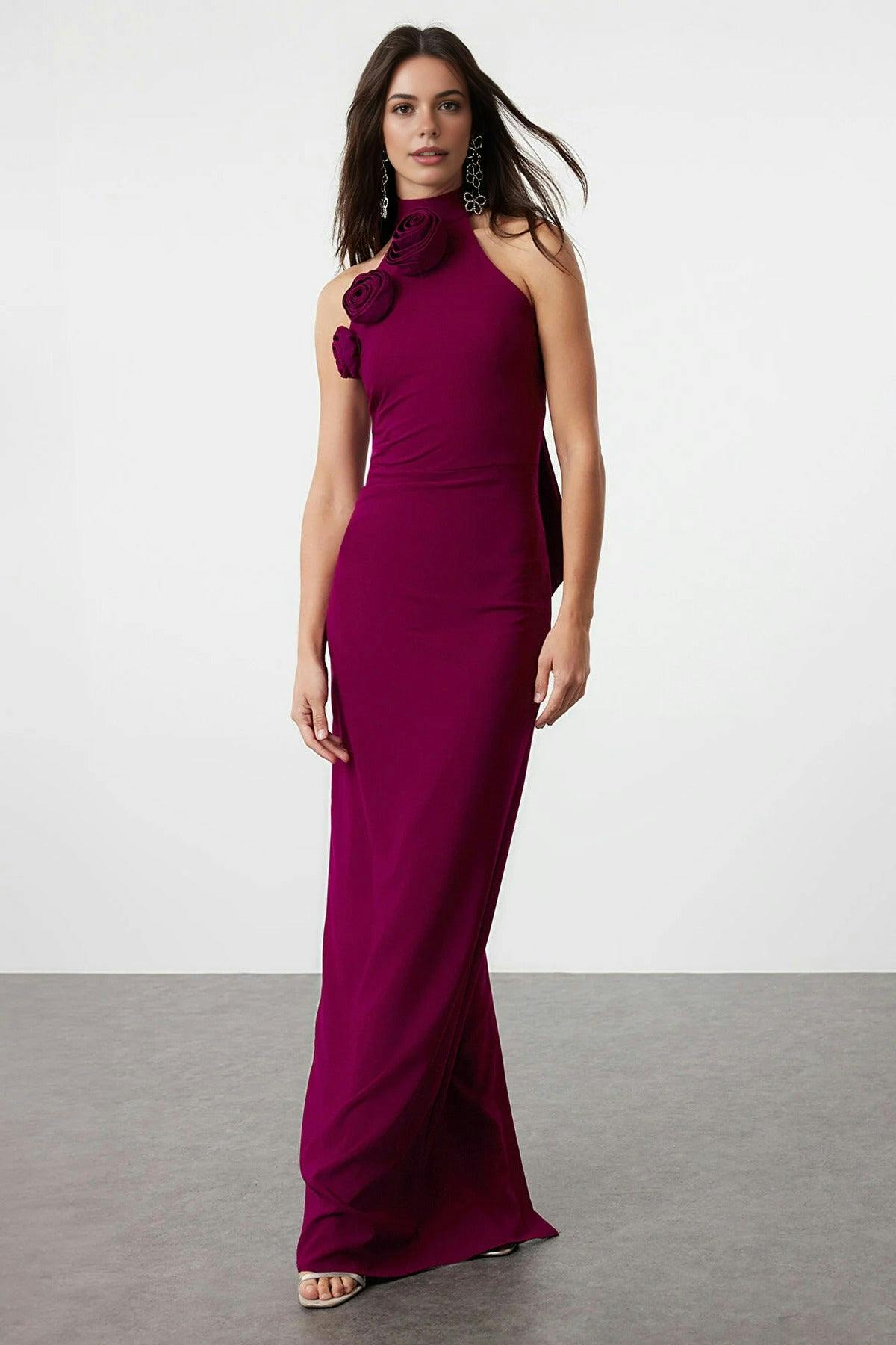 Wovcor Woven Maxi Elegant Evening Dress With Rose Detail - Plum - 6