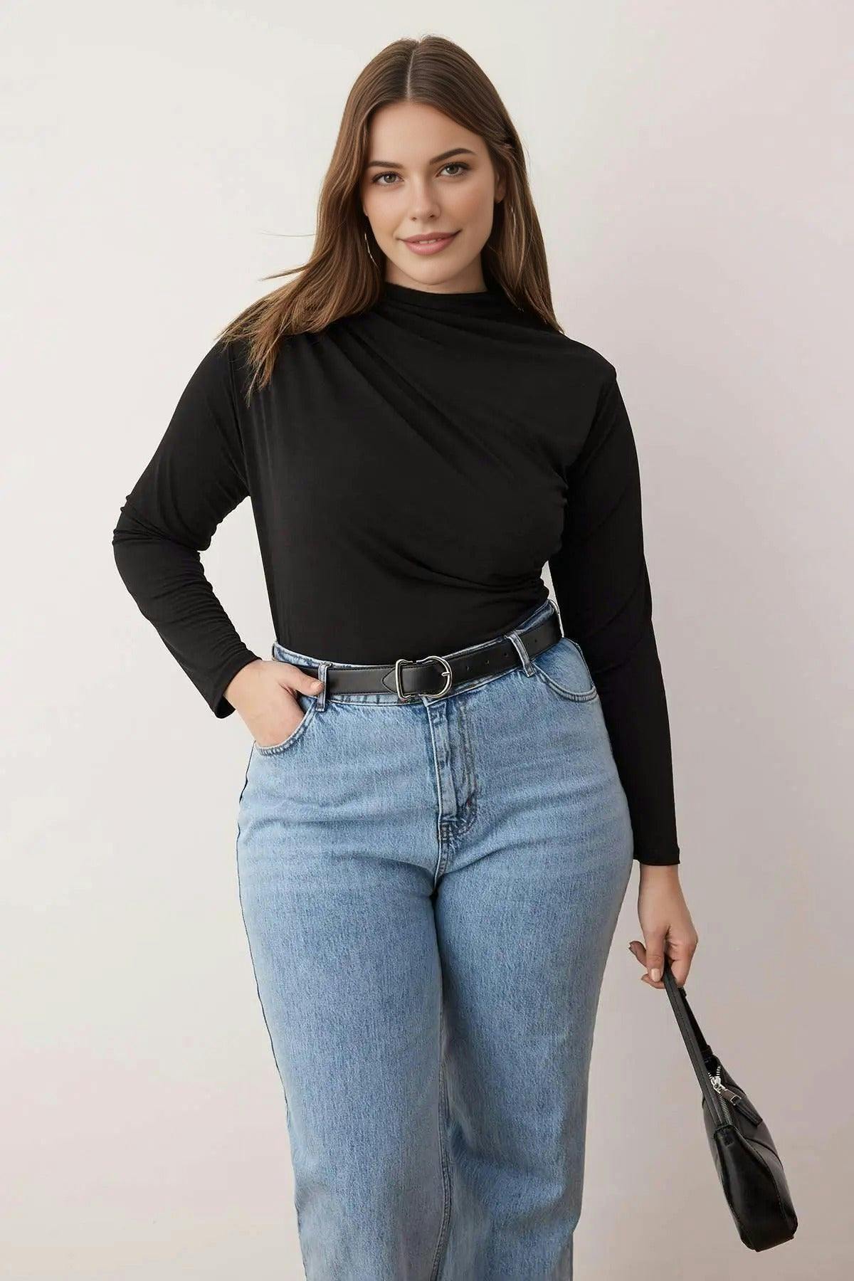 Wovcor Black Gathered Detail Long Sleeve Knitted Plus Size Blouse - Xl