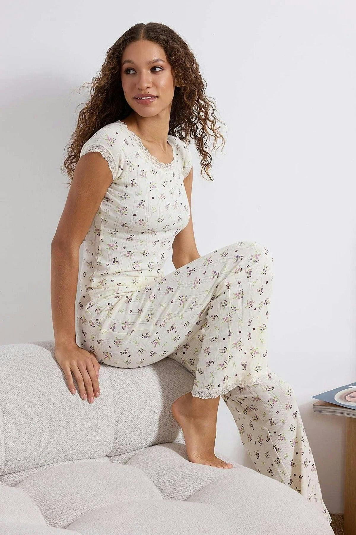 Wovcor 2-Piece 100% Cotton Floral Lace Detail Ribbed Knit Pajama Set - Ecru - Xs