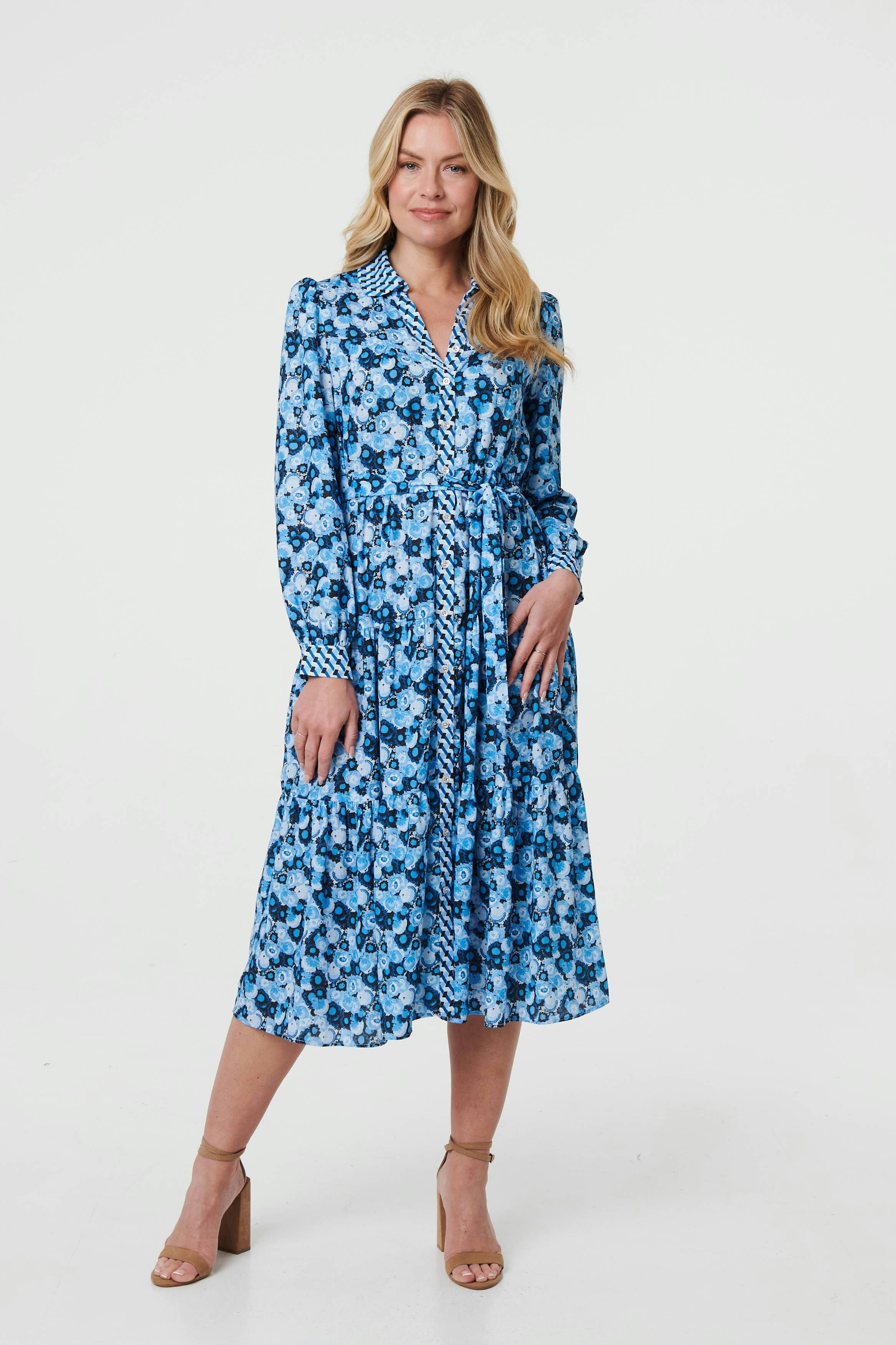 Izabel London Blue Floral Tie Waist Midi Shirt Dress - 14