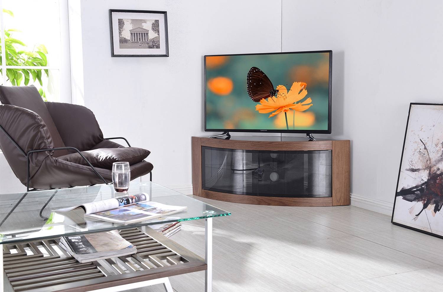 Centurion Supports Black Pangea Walnut Beam-Thru Curved Tru-Corner 32"-50" Tv Cabinet