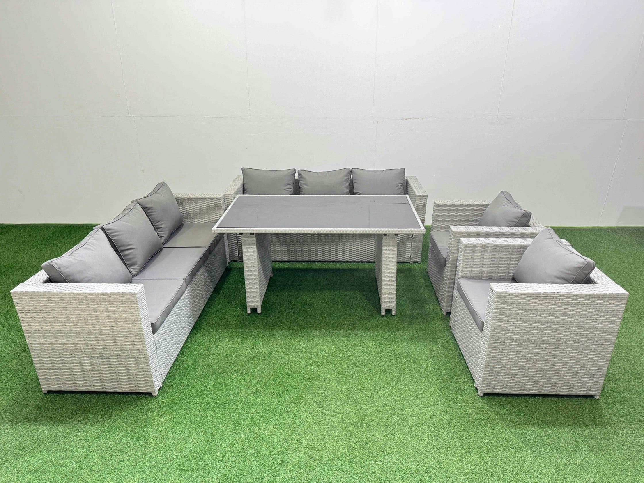 Rackhams Light/Grey 8 Seater Wicker Pe Rattan Furniture Outdoor Dining Table 3 Seater Sofa Armchair Set