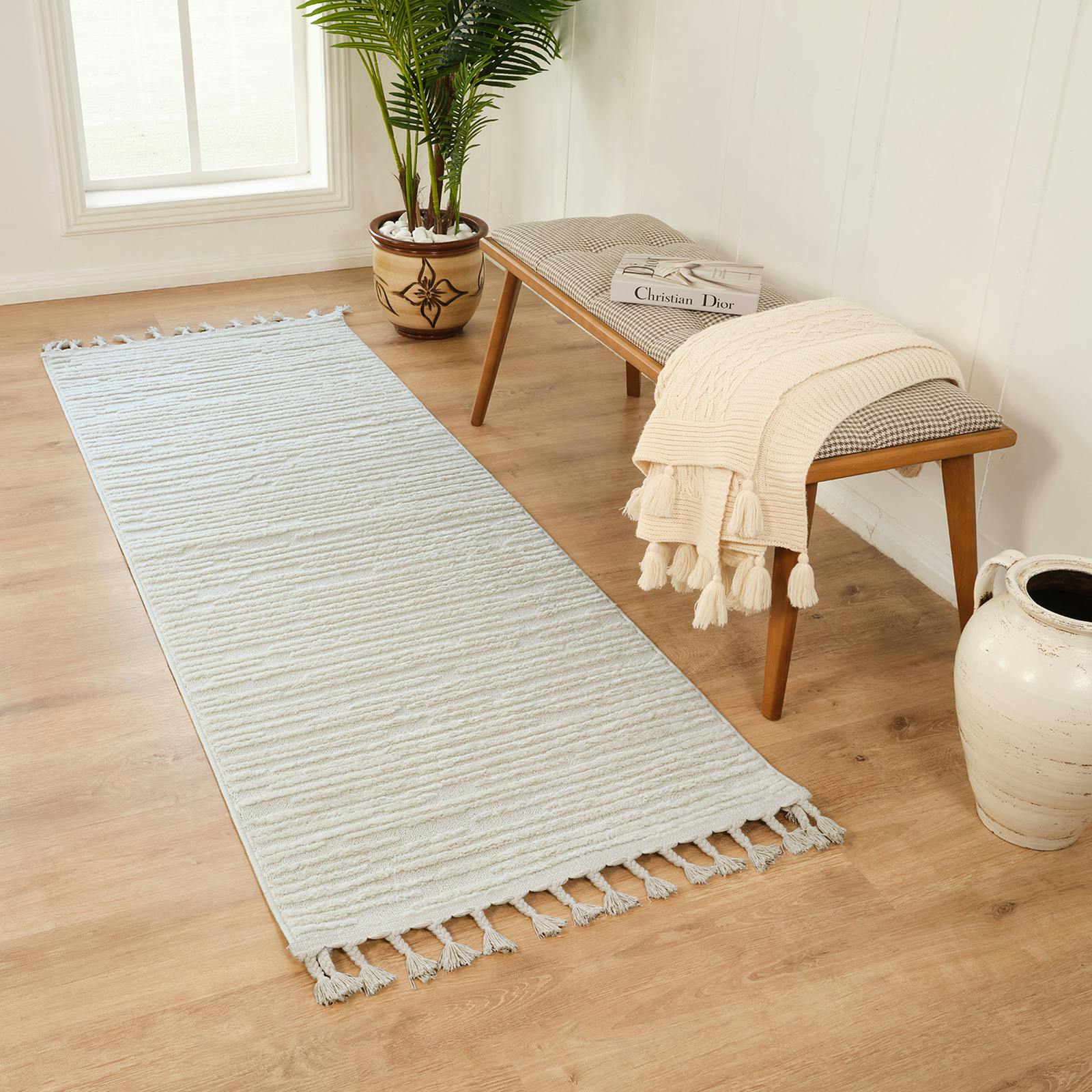 Photos - Area Rug Rackhams Nora-Global Grey Ivory High Pile Fringe Rug - 80 x 220 cm